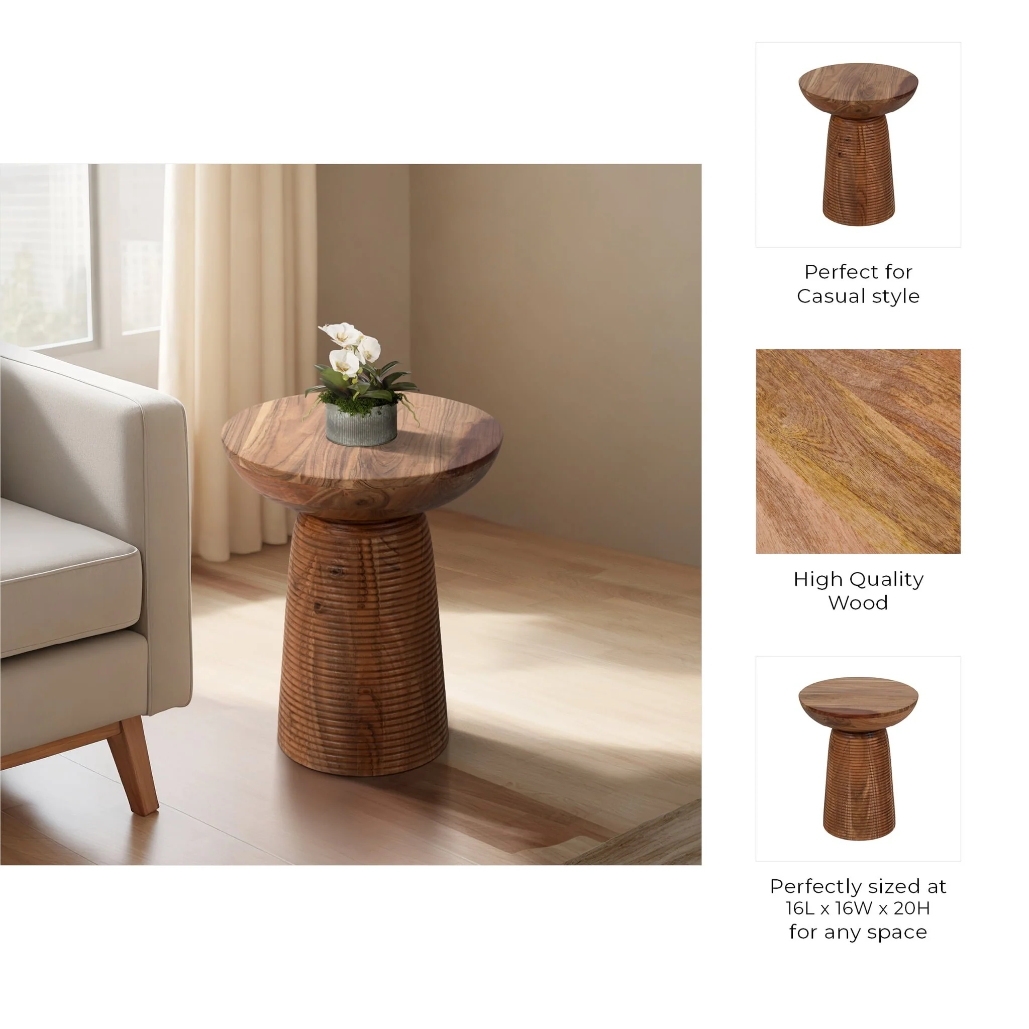 20" Grooved Base Wood Accent Table, Natural - Image 8