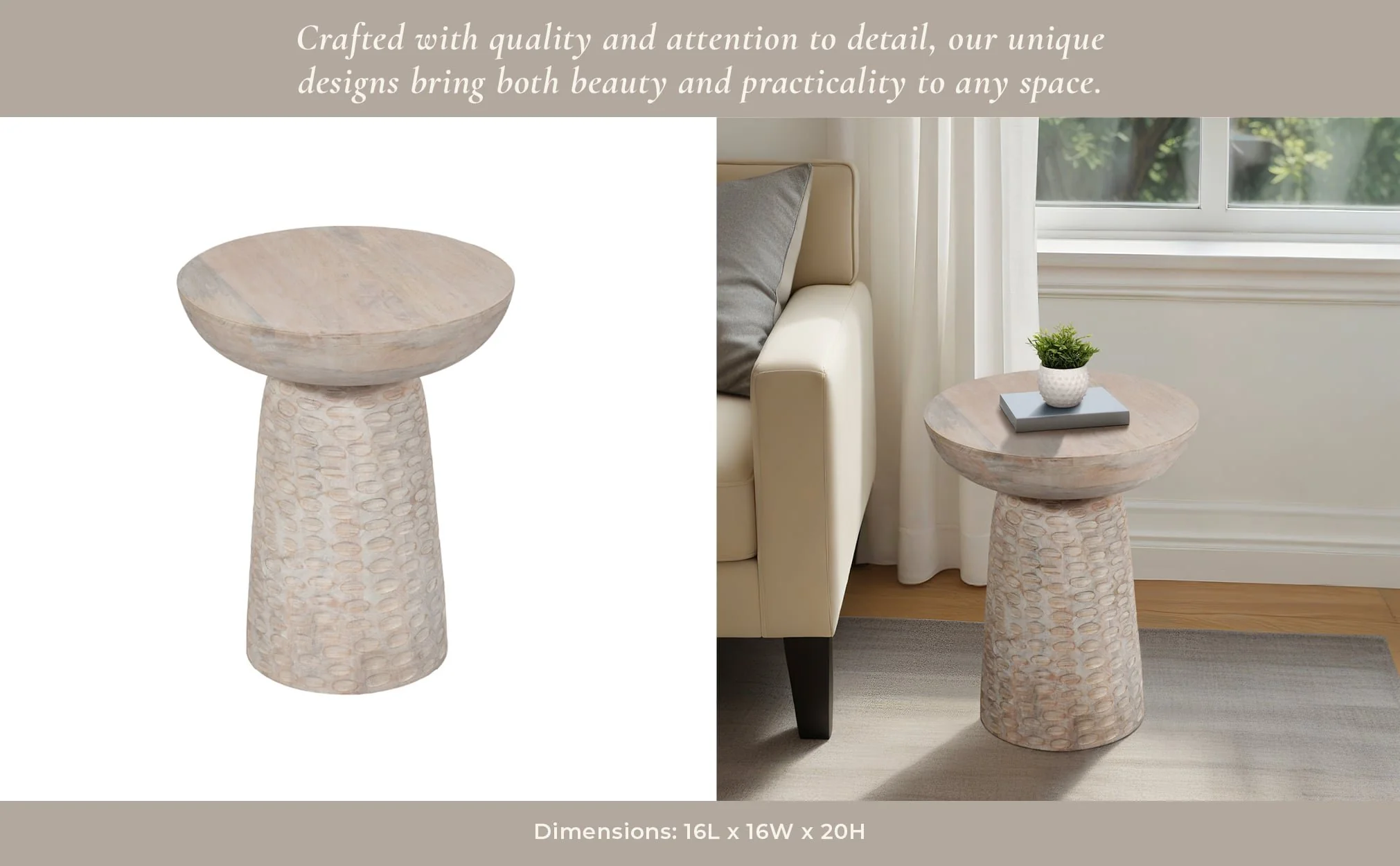 20" Hammered Base Wood Accent Table, White Wash - Image 10