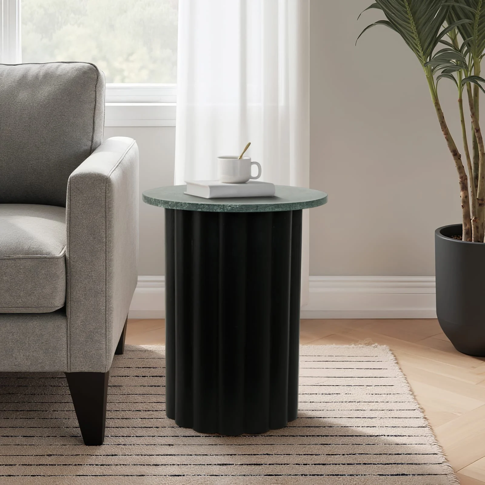 20" Large Ribbed Accent Table Marble Top, Blk/grn - Image 10