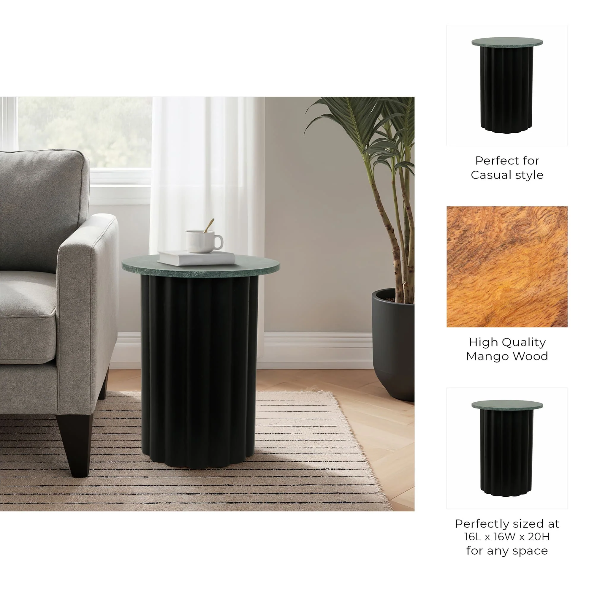 20" Large Ribbed Accent Table Marble Top, Blk/grn - Image 9