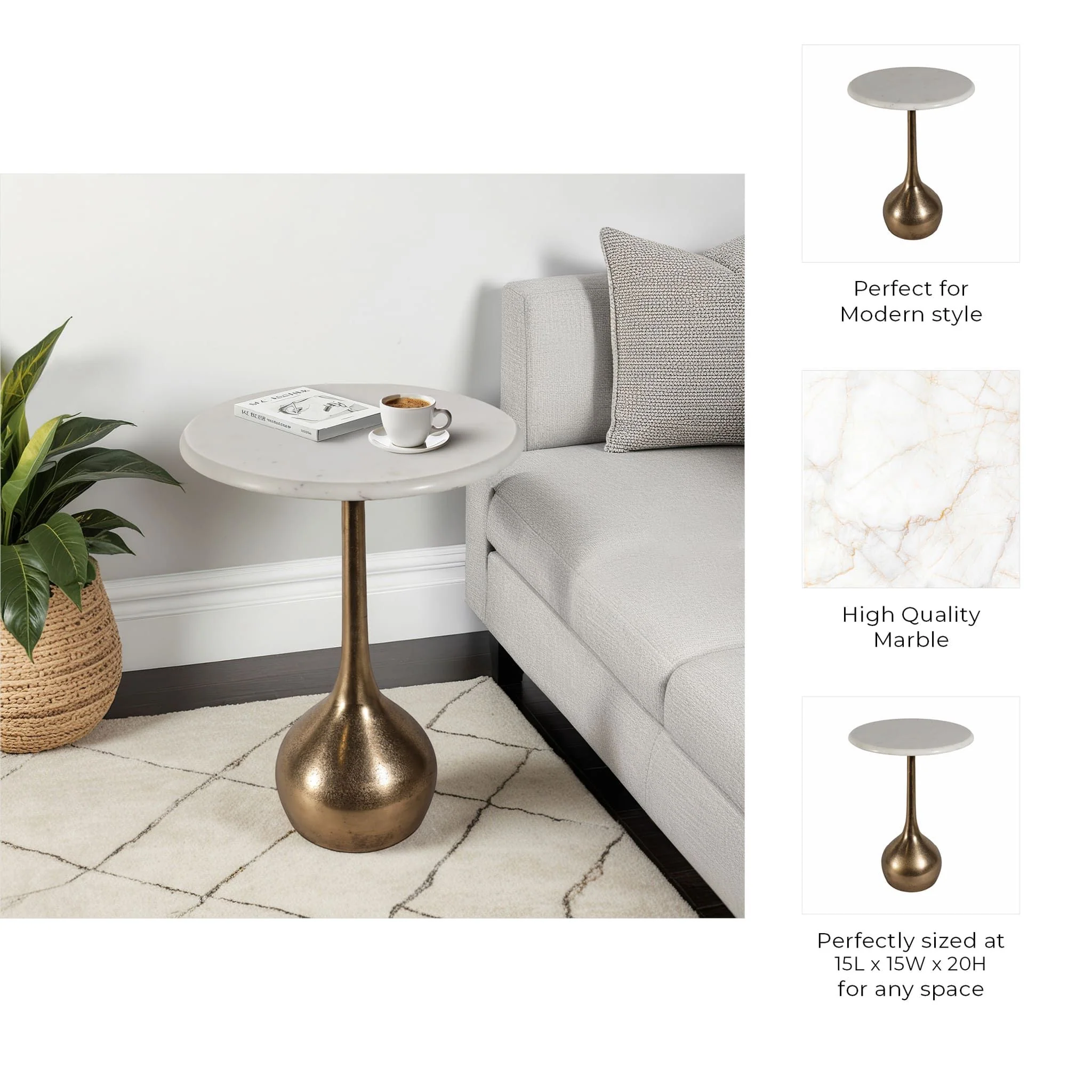 20" Marble Accent Table Ball Base, Wht/atq Brass - Image 7