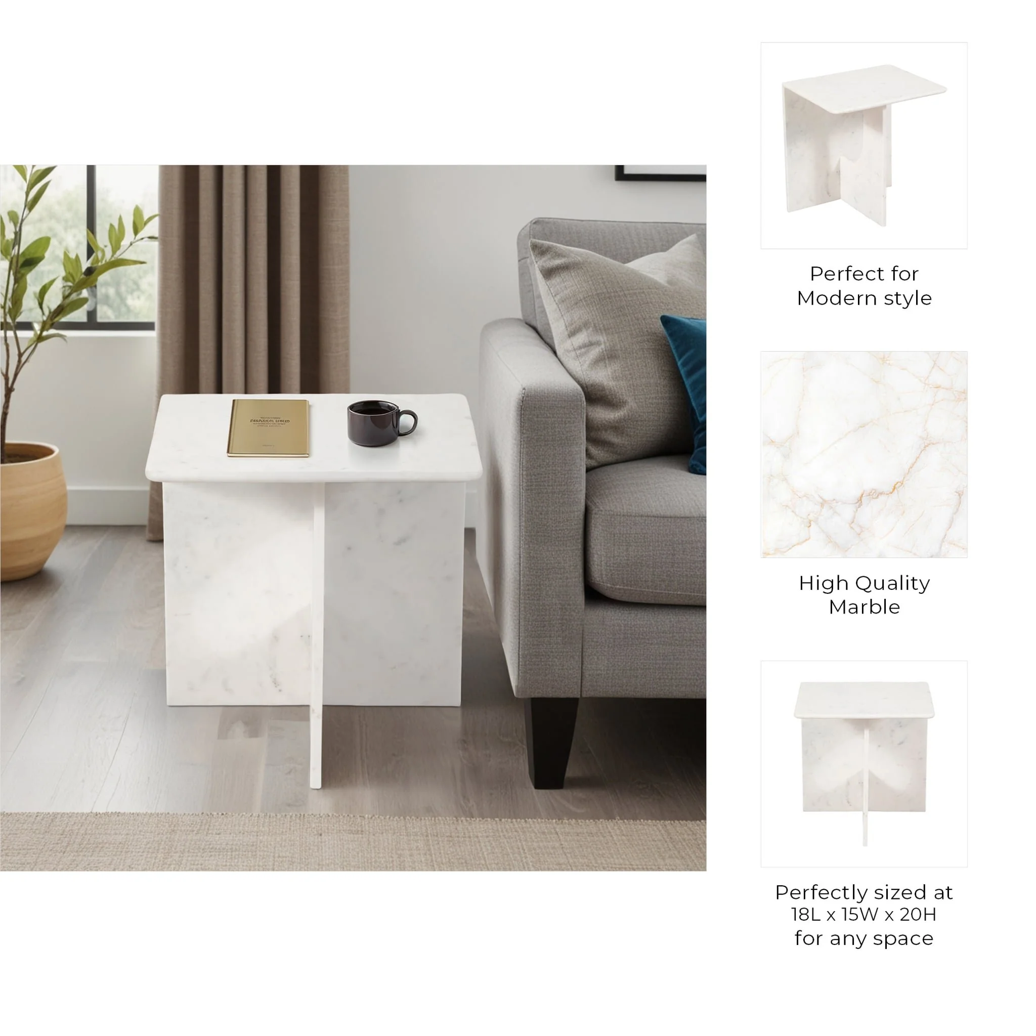 20" Marble Accent Table, White - Image 8