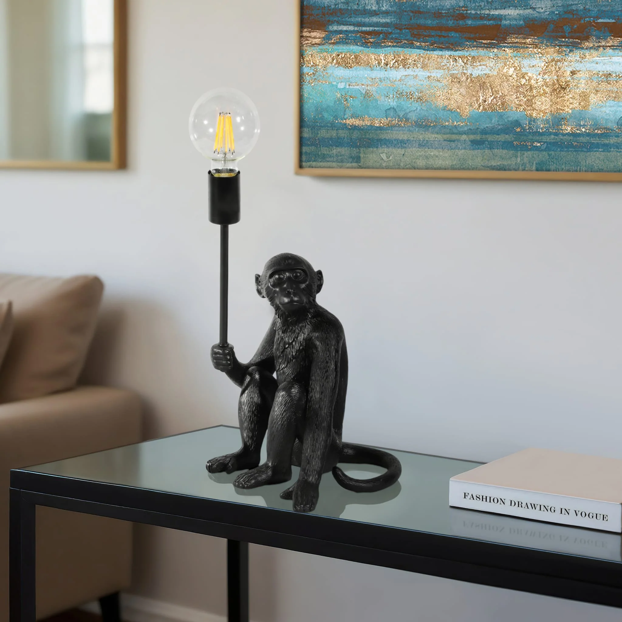 20" Monkey With Lightbulb Table Lamp, Black - Image 10
