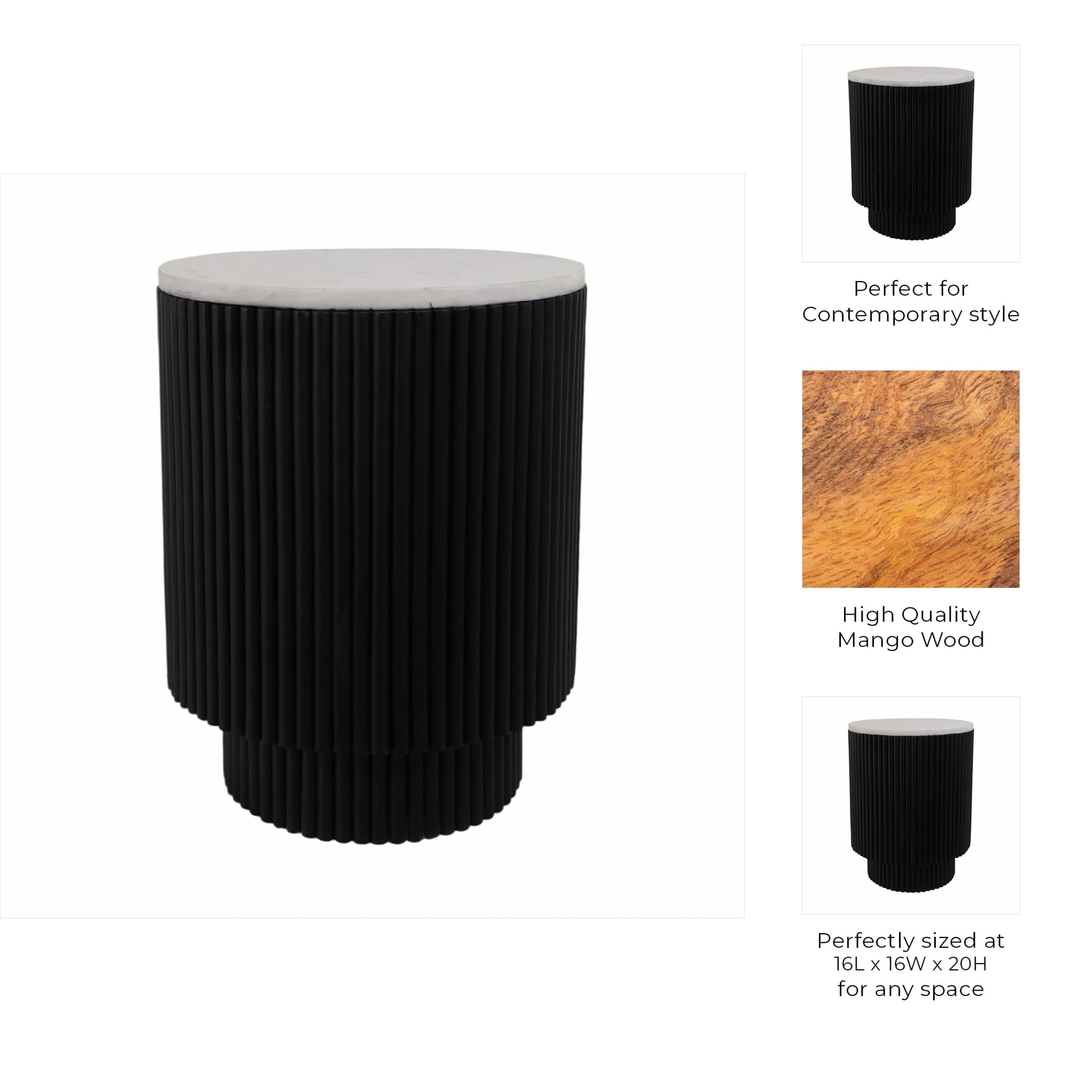 20" Ribbed Pedestal Table Marble Top, White/black - Image 9