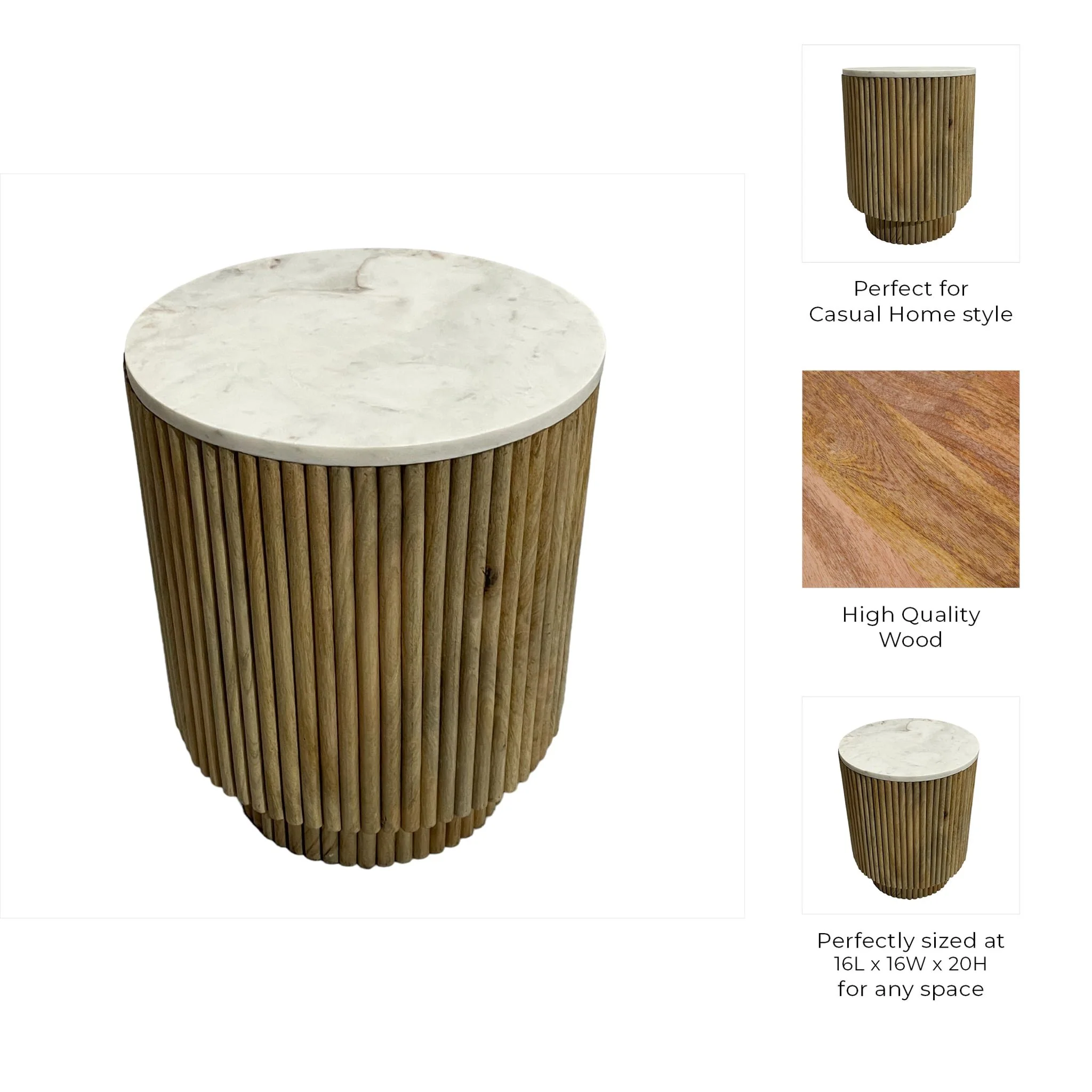 20" Ribbed Pedestal Table Marble Top, White/natura - Image 4
