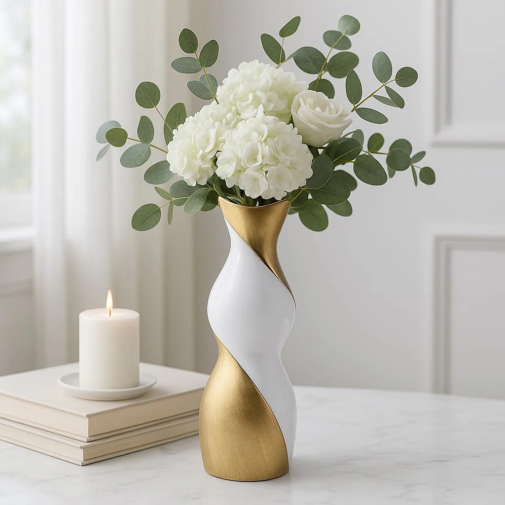20" Twisted Vase, White/gold - Image 2