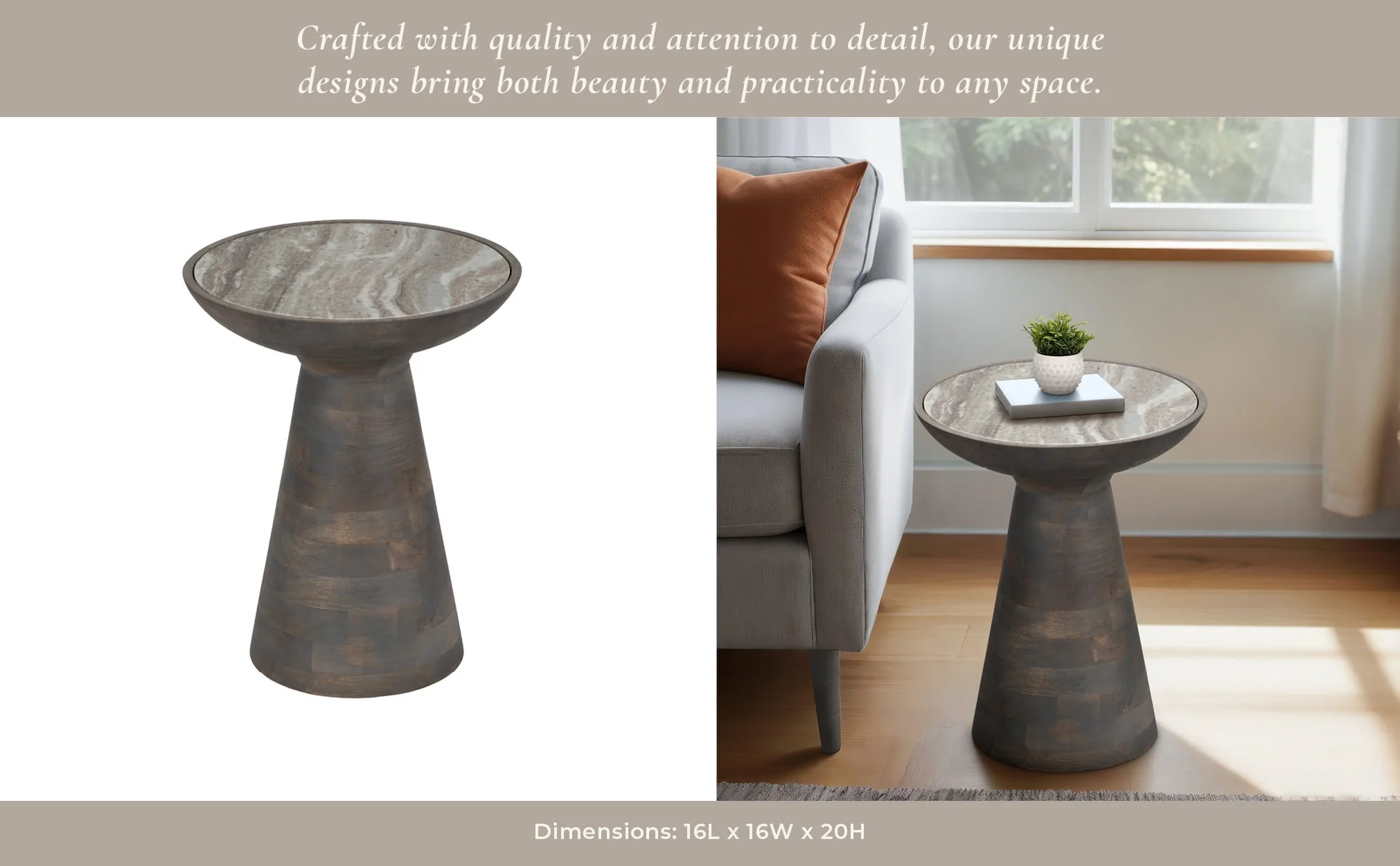 20" Wood Accent Table Baslana Marble Top, Blk - Image 10