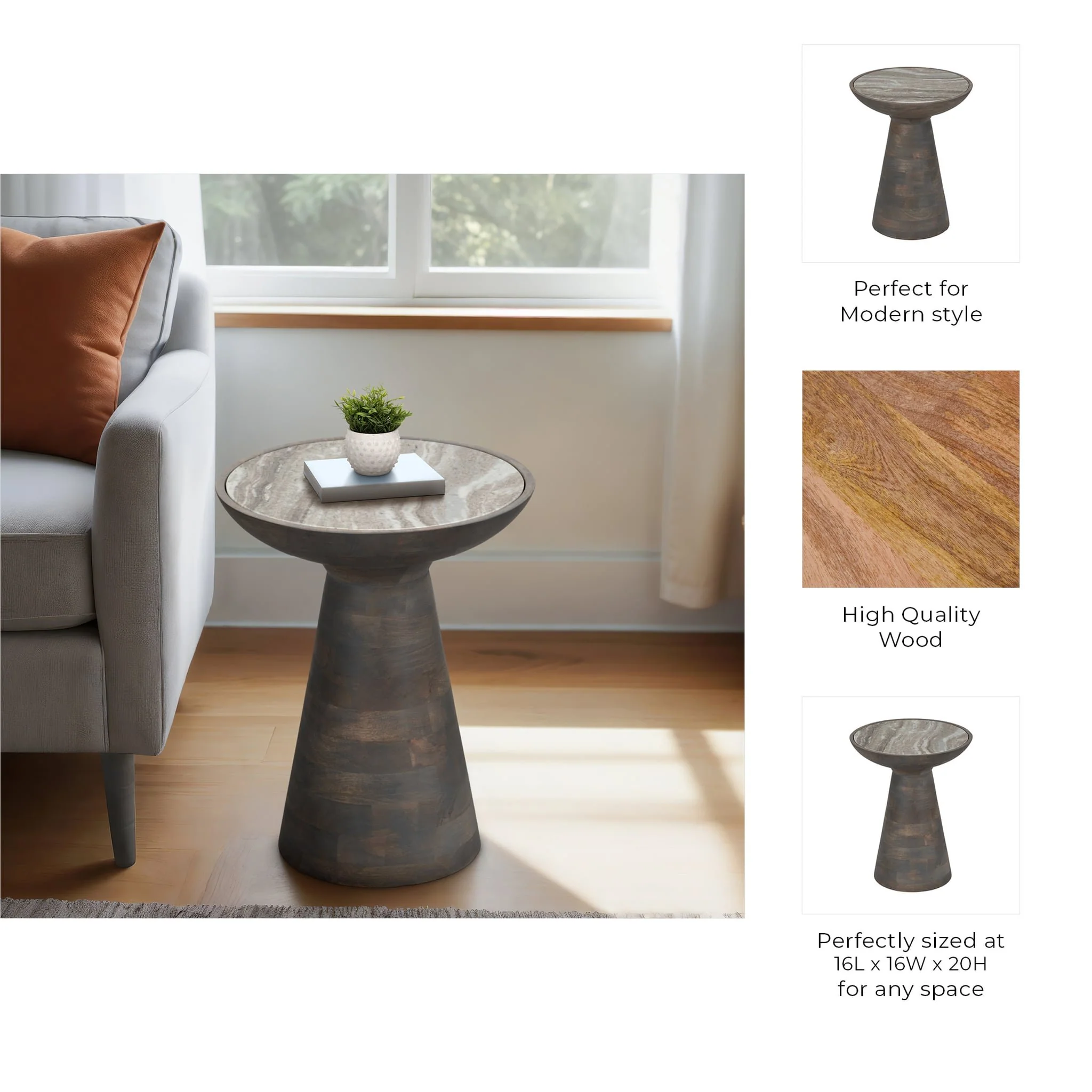 20" Wood Accent Table Baslana Marble Top, Blk - Image 8