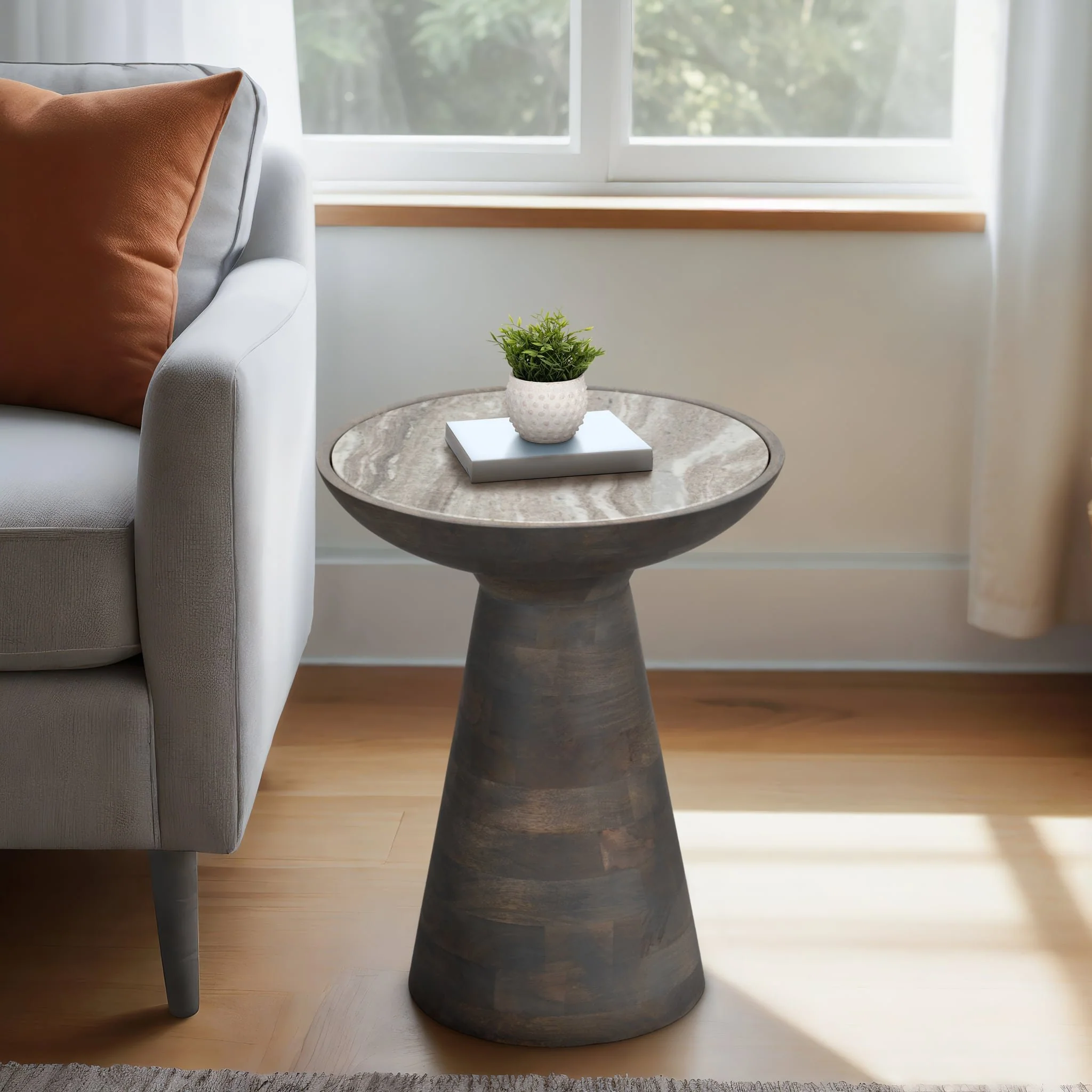 20" Wood Accent Table Baslana Marble Top, Blk - Image 9