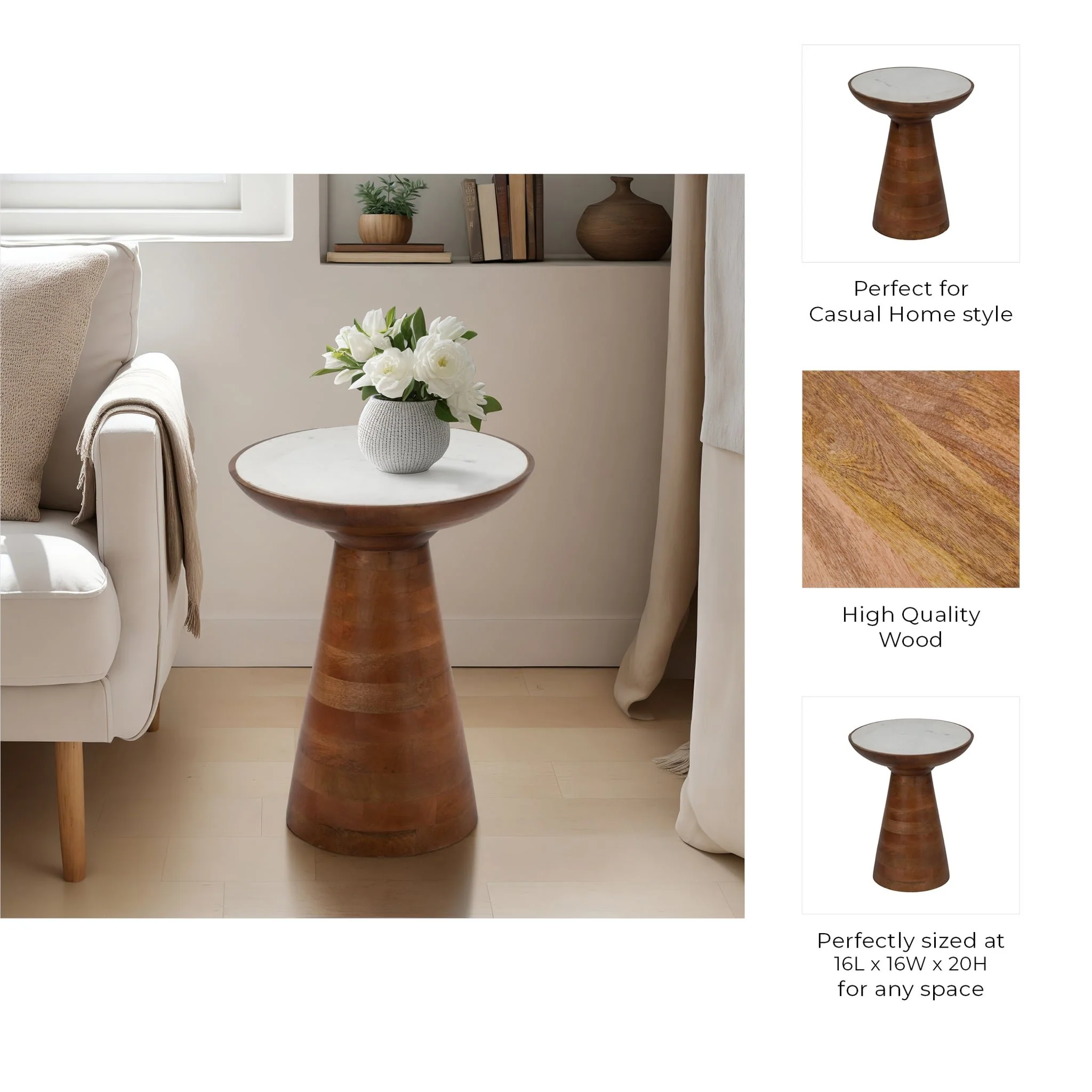 20" Wood Accent Table Marble Top, Natural/white - Image 8