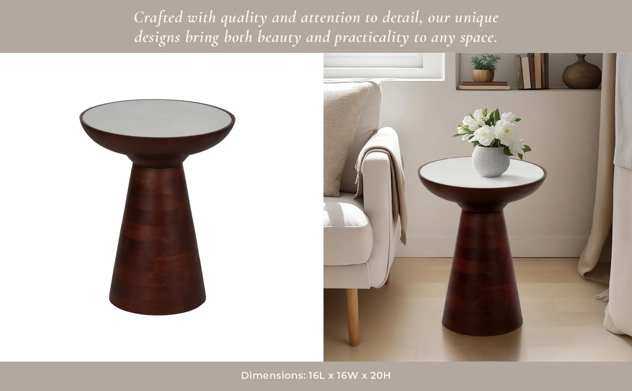 20" Wood Accent Table Marble Top, Walnut/white - Image 10