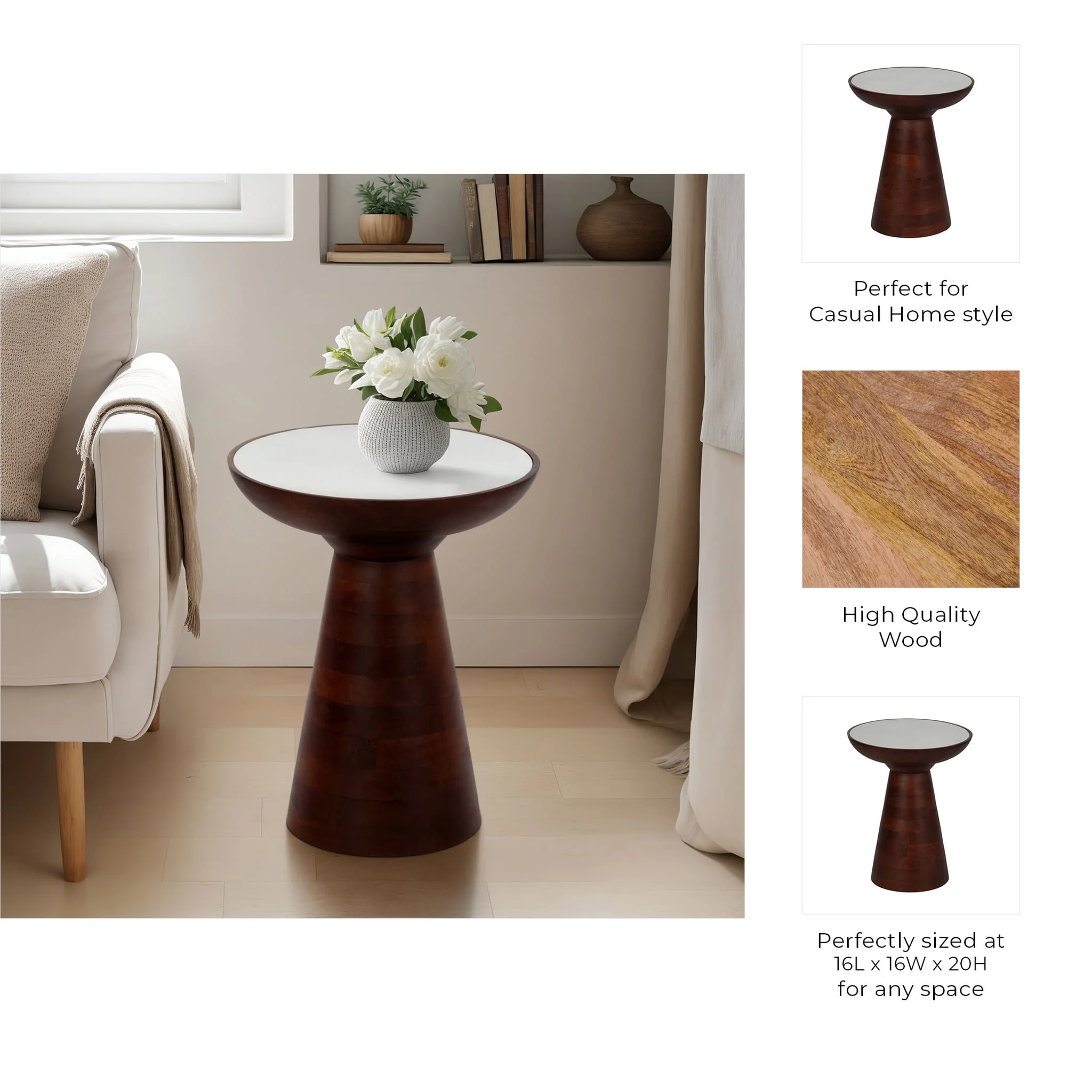 20" Wood Accent Table Marble Top, Walnut/white - Image 8
