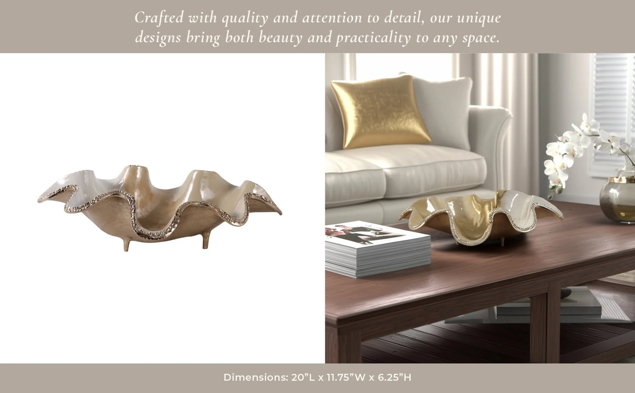 20x12" Curvy Metal Bowl, Tan/gold - Image 9