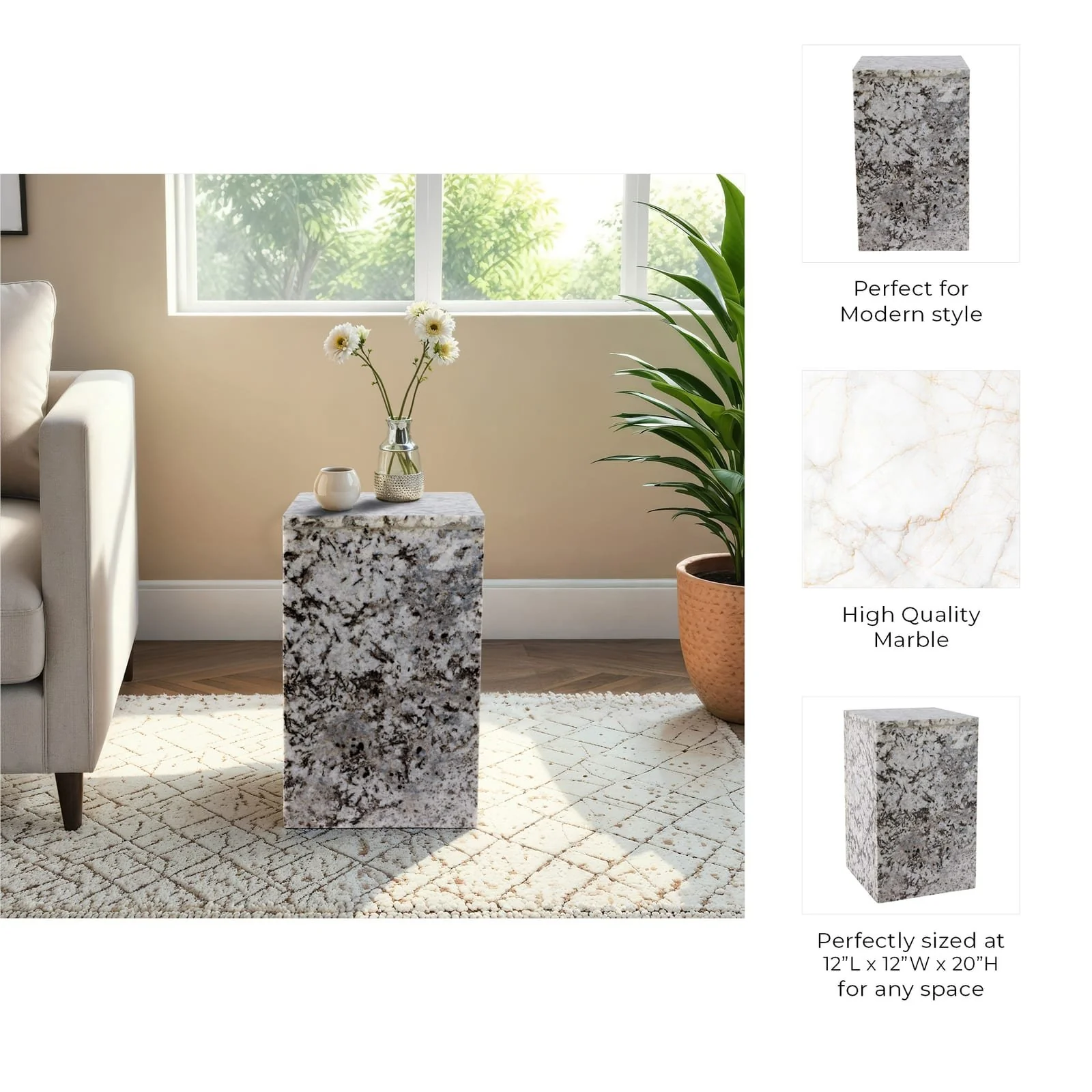 20x12" Marble Pedestal Accent Table, White/black - Image 10