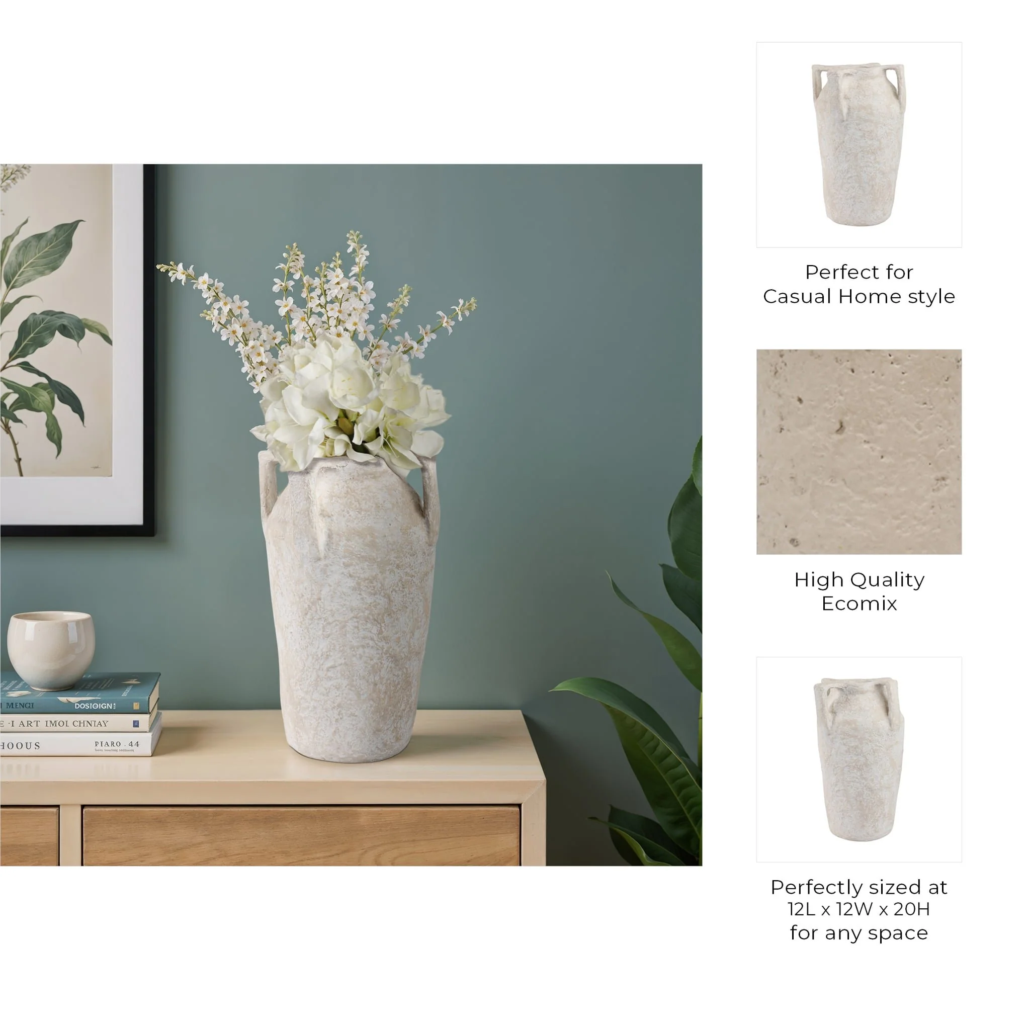 20x12" Paper Mache Handle Vase, White - Image 9