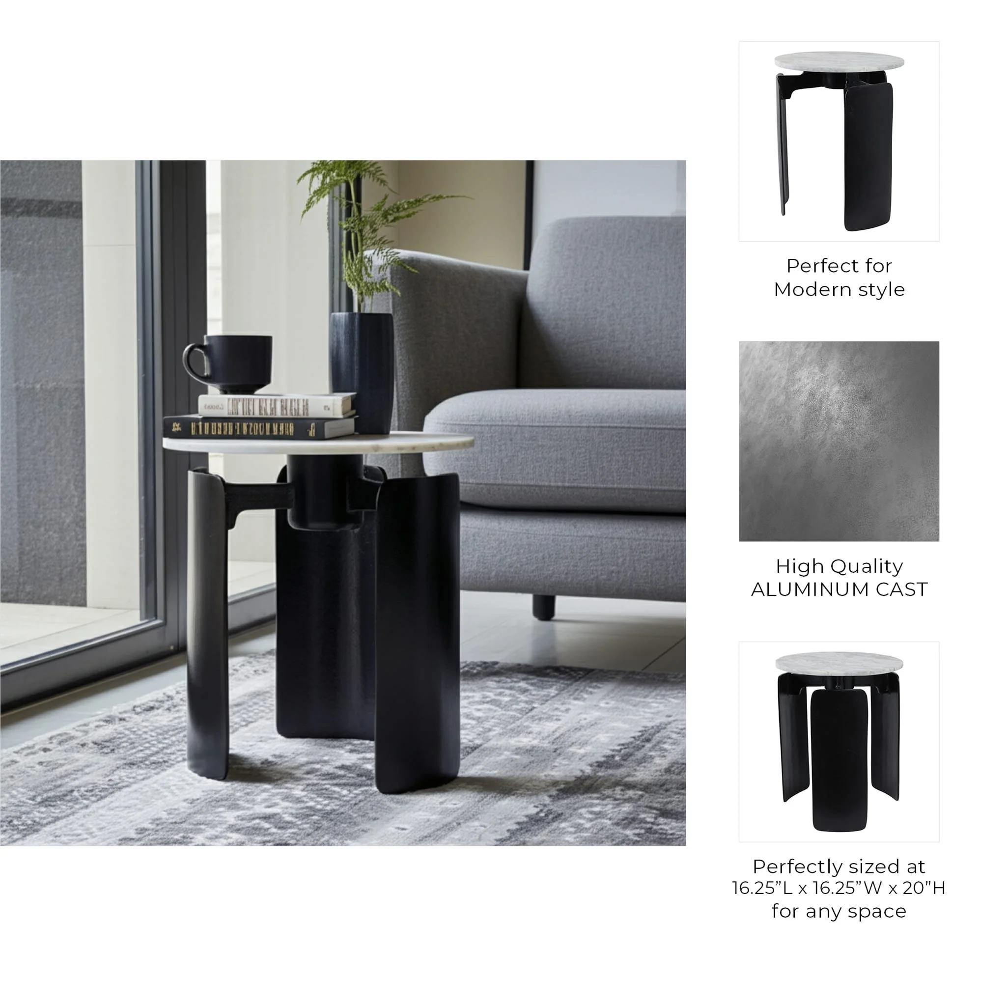 20x16" Marble Top 3-footed Accent Table, Grey/ Bla - Image 10