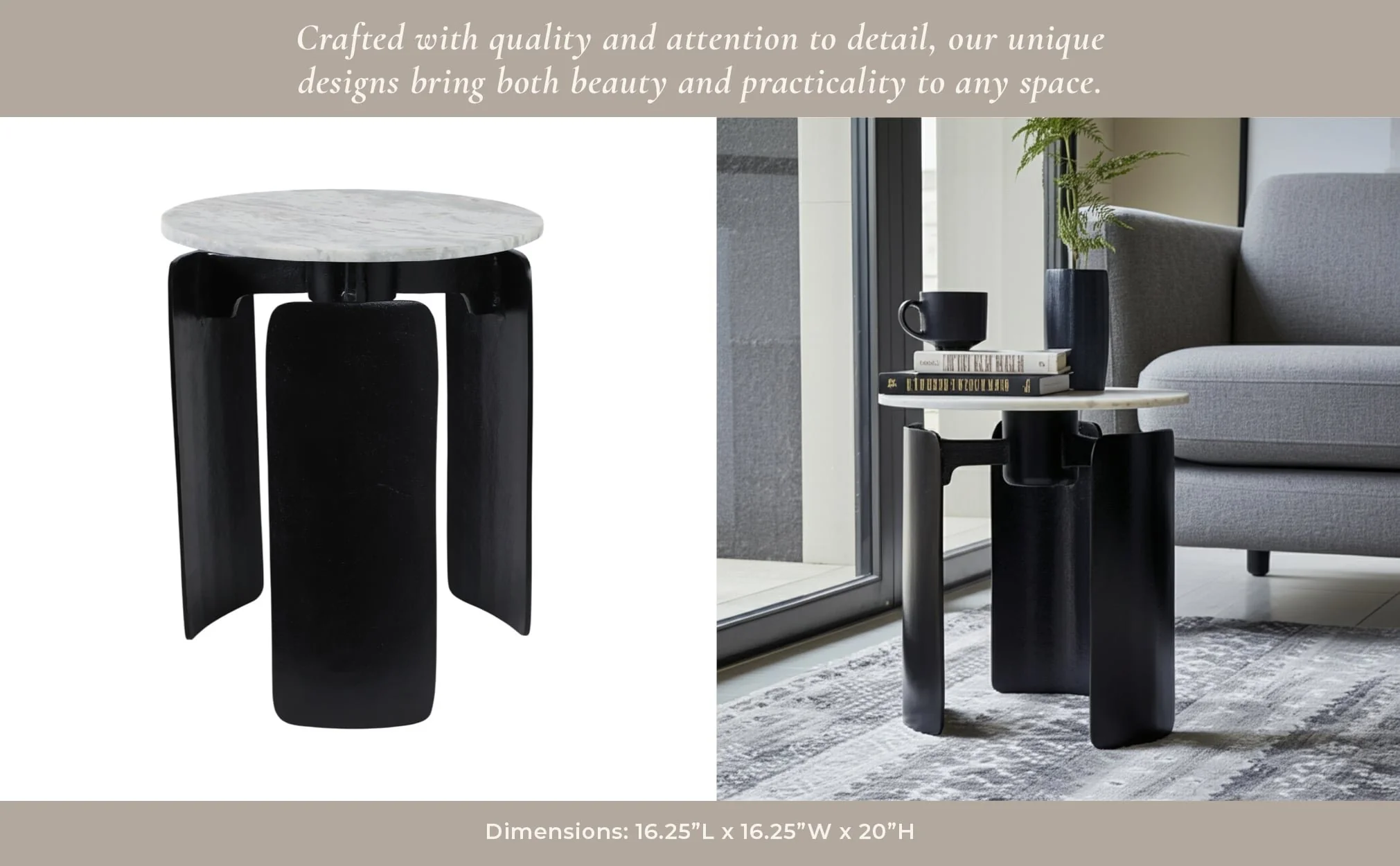 20x16" Marble Top 3-footed Accent Table, Grey/ Bla - Image 15