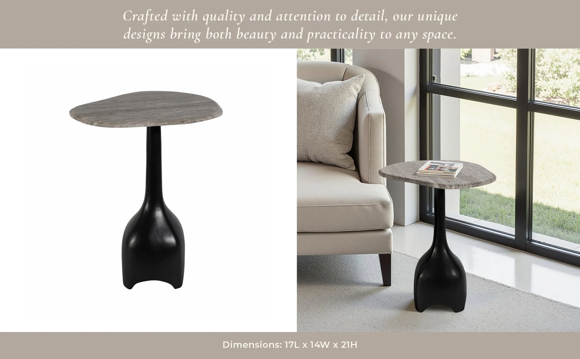 21" Curved Top Marble Accent Table, Beige/blk - Image 10