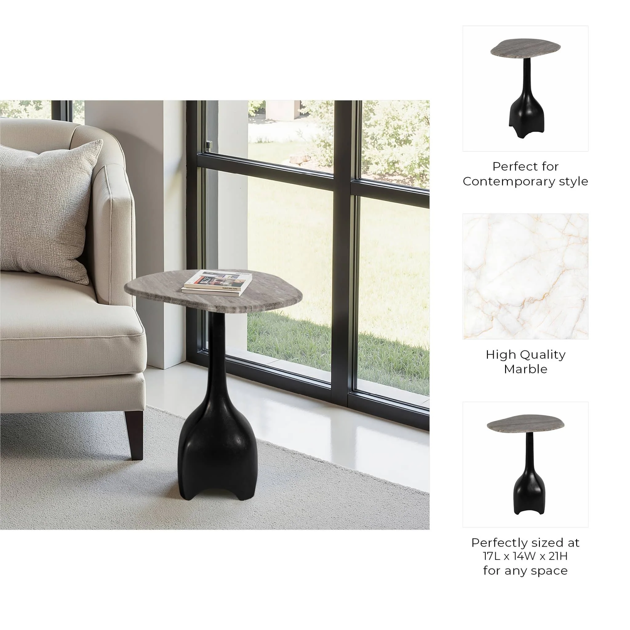 21" Curved Top Marble Accent Table, Beige/blk - Image 8