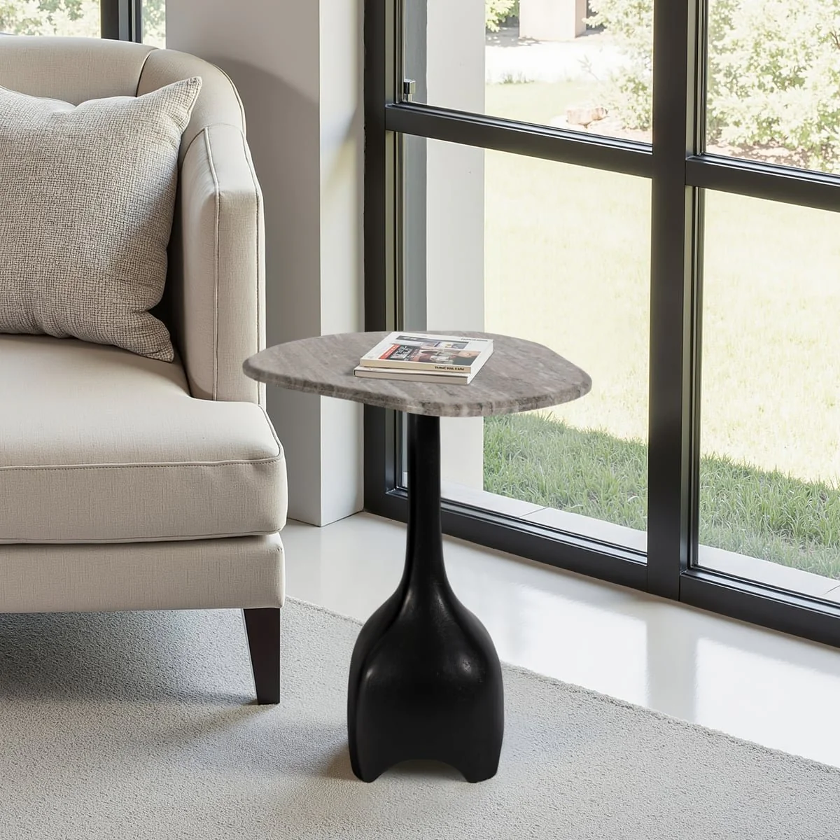 21" Curved Top Marble Accent Table, Beige/blk - Image 9