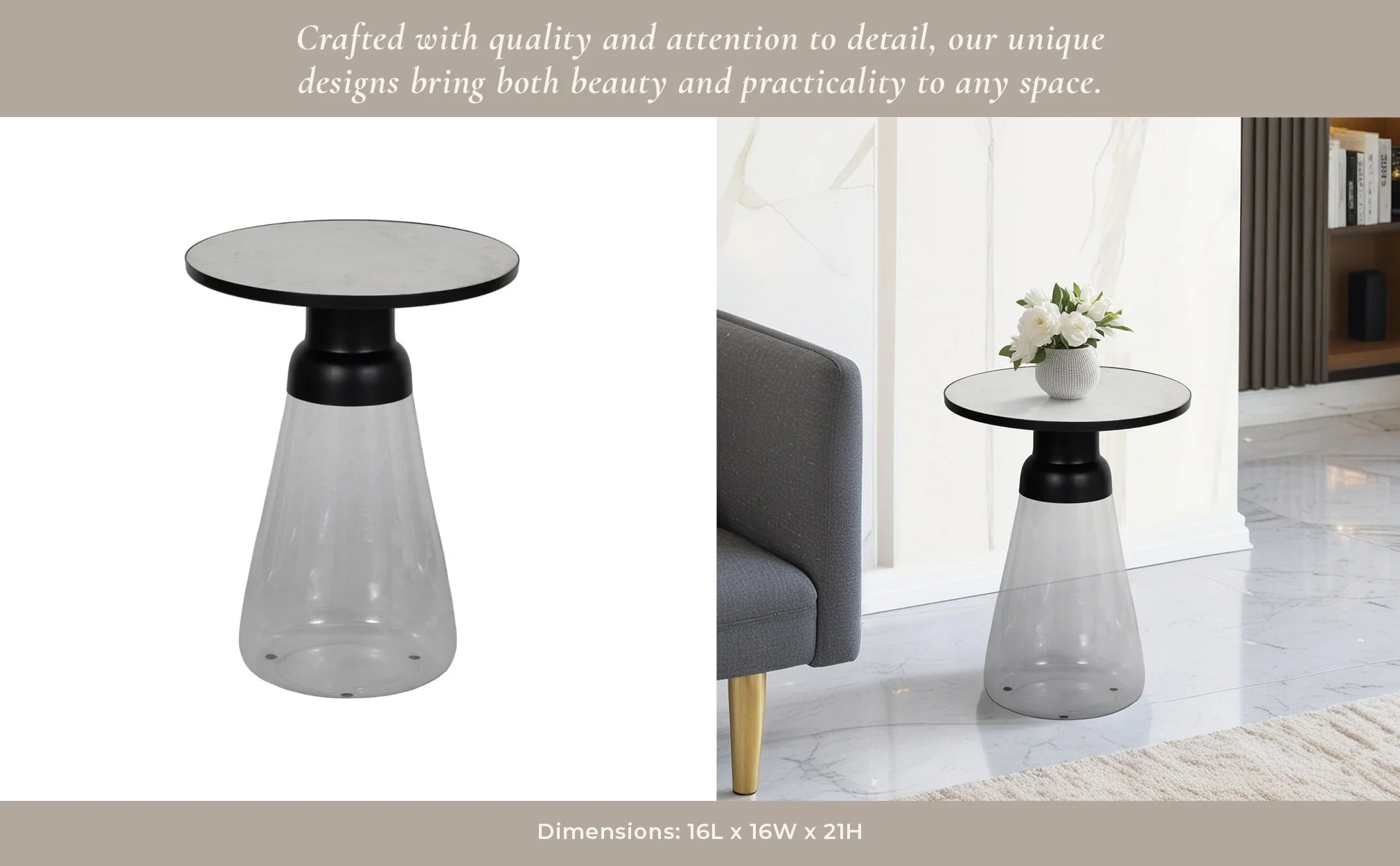 21" Glass Accent Table Marble Top, White/clear - Image 10