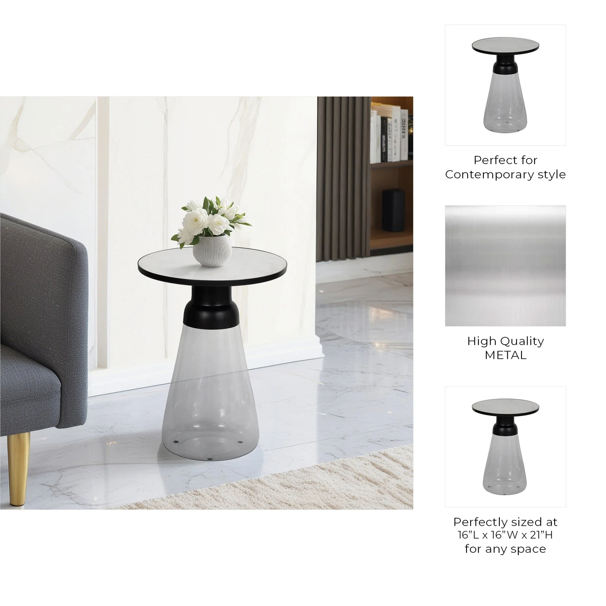 21" Glass Accent Table Marble Top, White/clear - Image 8