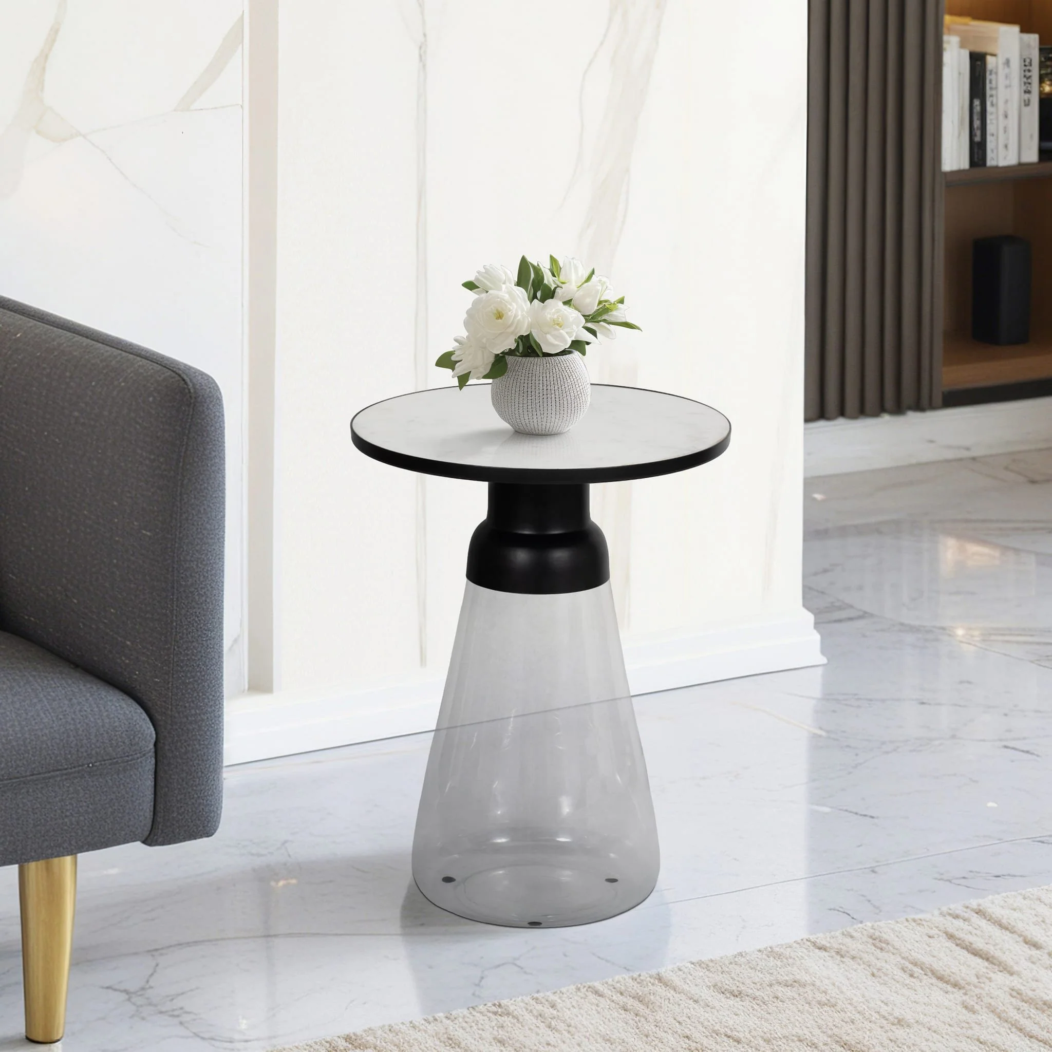 21" Glass Accent Table Marble Top, White/clear - Image 9