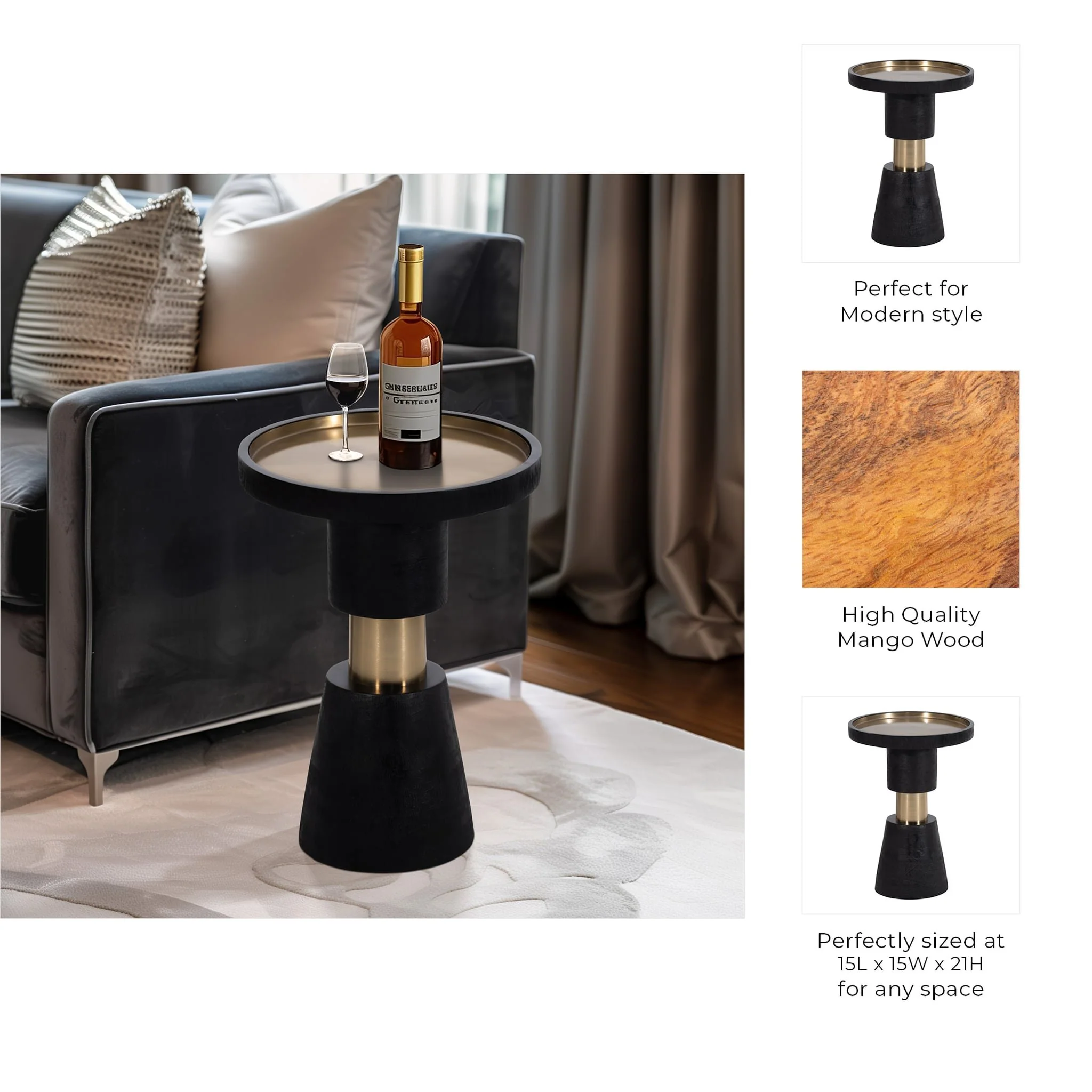 21" Wood, Metal Top Side Table, Black & Gold - Image 8