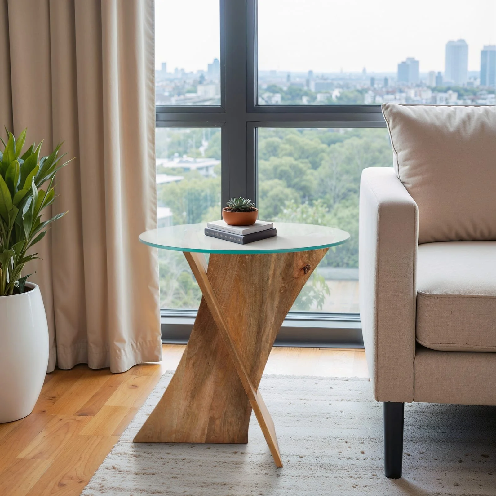 21x20" Glass Top Criss Cross Accent Table, Natural - Image 10