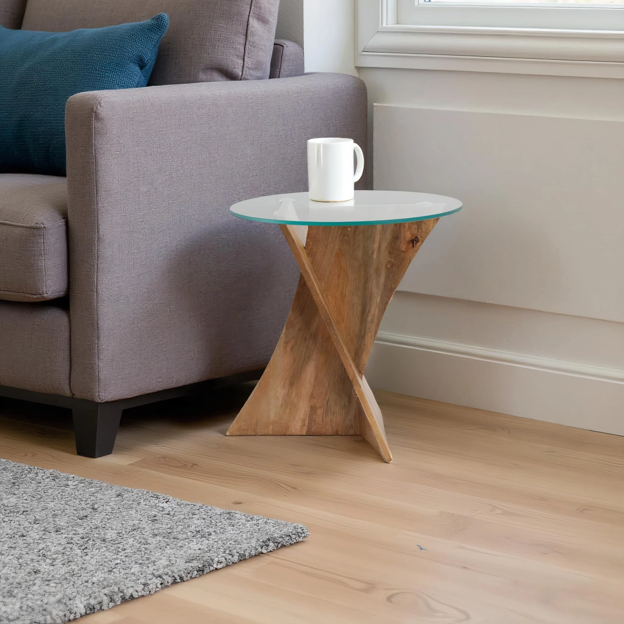 21x20" Glass Top Criss Cross Accent Table, Natural - Image 11