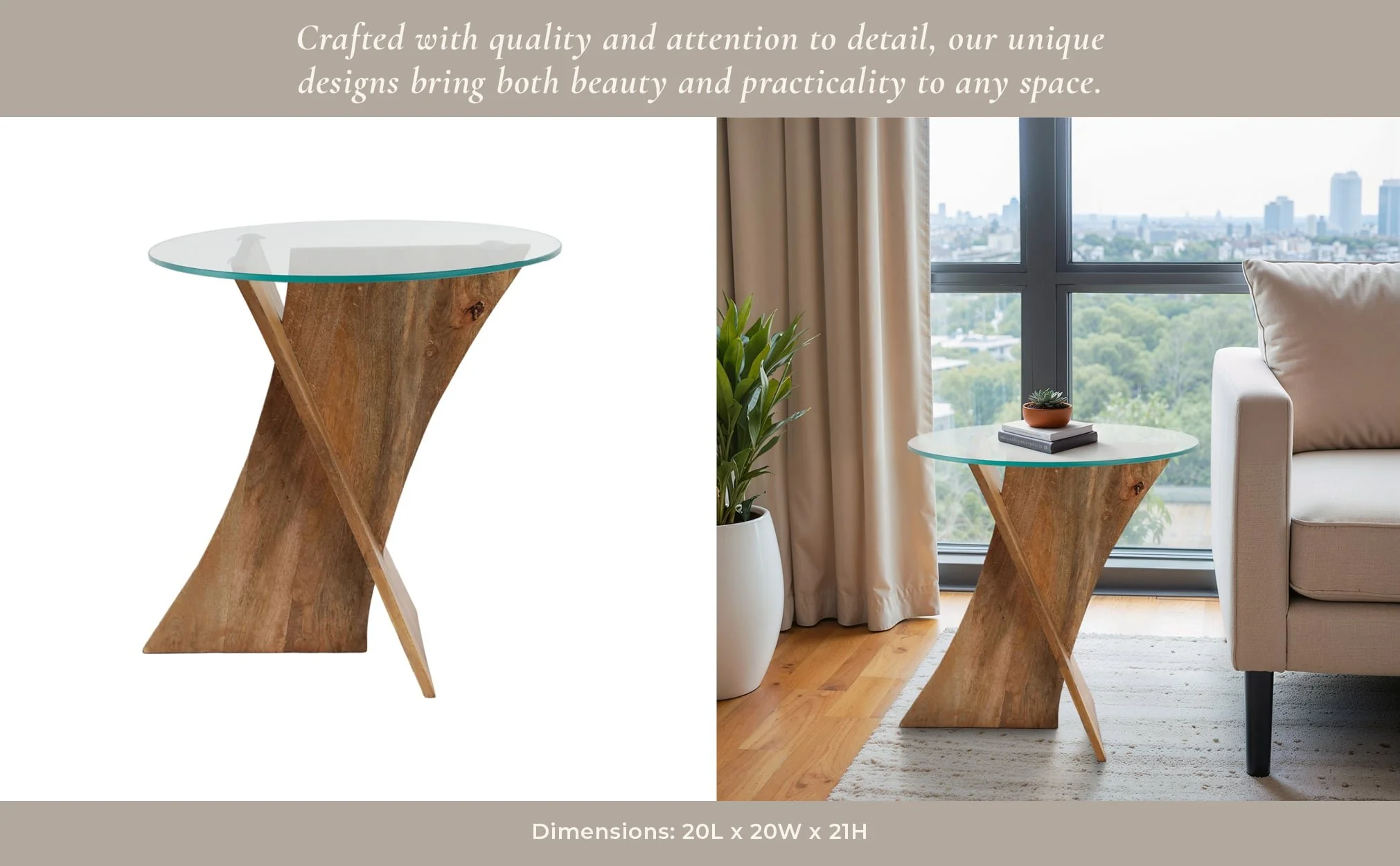21x20" Glass Top Criss Cross Accent Table, Natural - Image 13