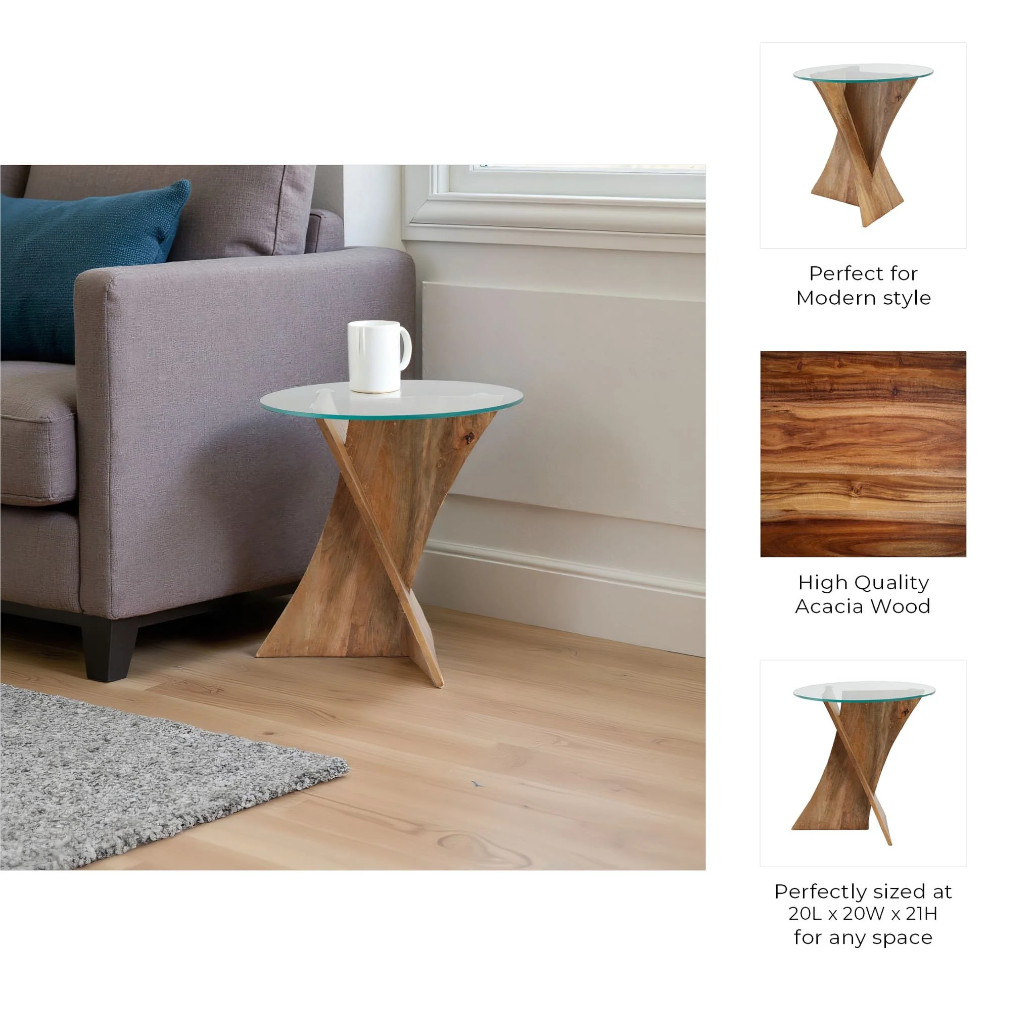 21x20" Glass Top Criss Cross Accent Table, Natural - Image 9