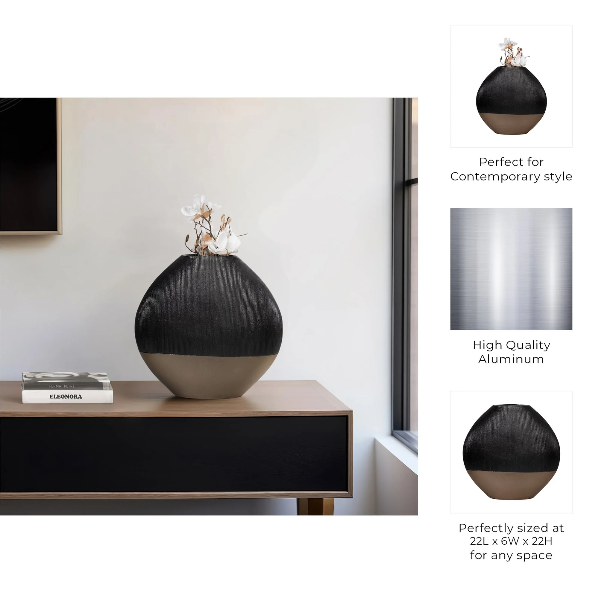 22" Color Block Round Vase, Black/brass Antique - Image 10