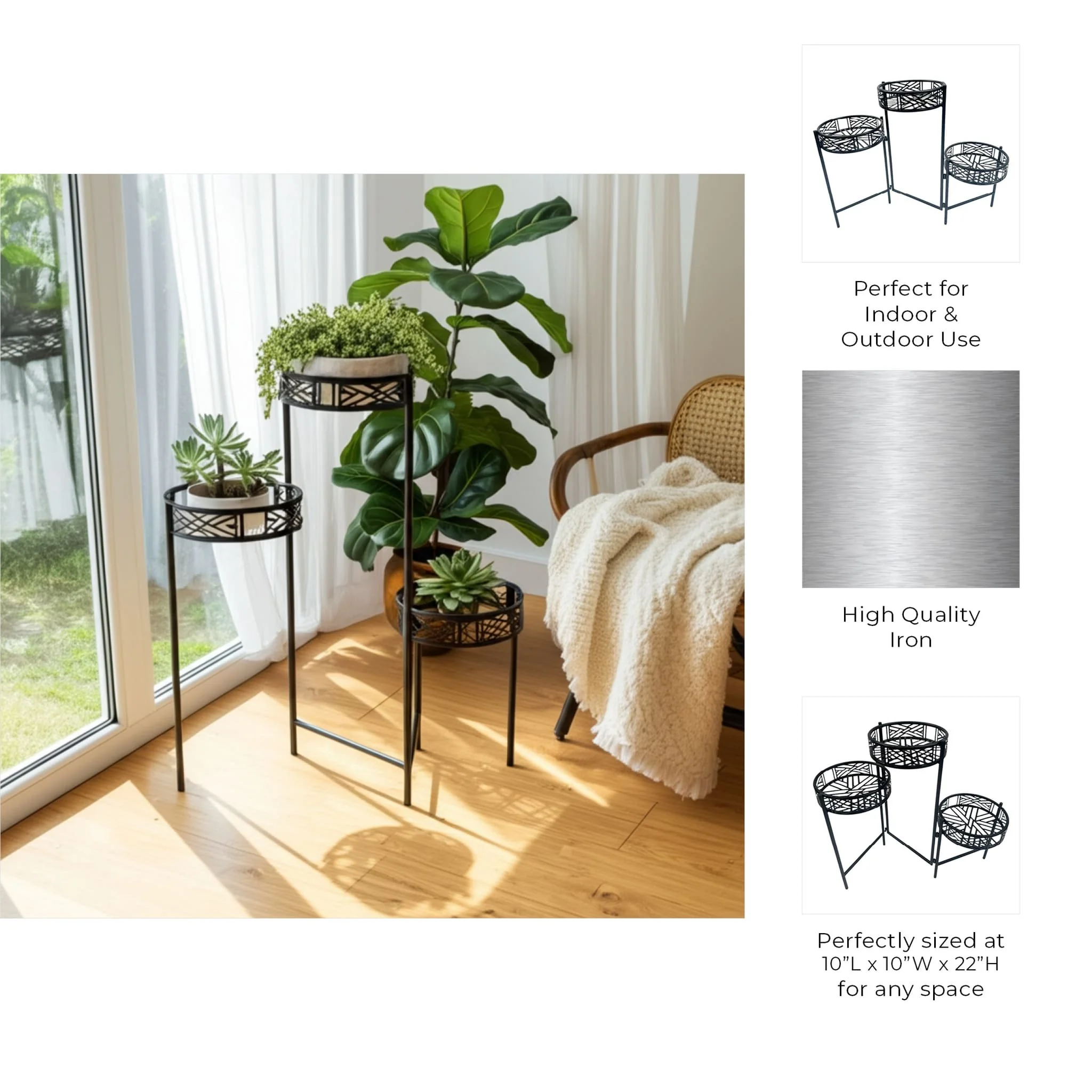 22" Folding 3-tier Geo Plant Stand, Black - Image 10