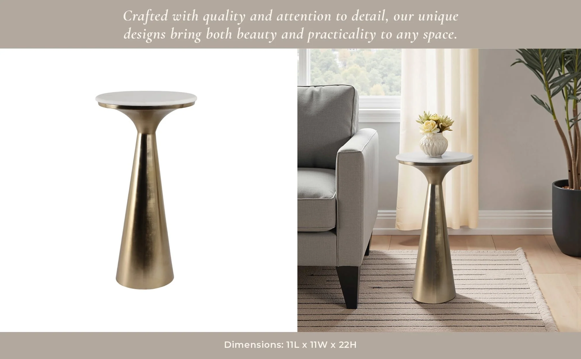 22x11"tapered Metal Base&mrble Drink Table,wht/gld - Image 11