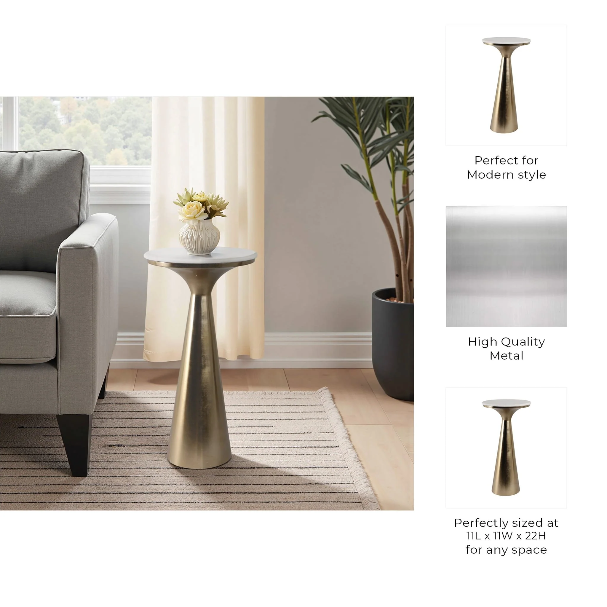 22x11"tapered Metal Base&mrble Drink Table,wht/gld - Image 9