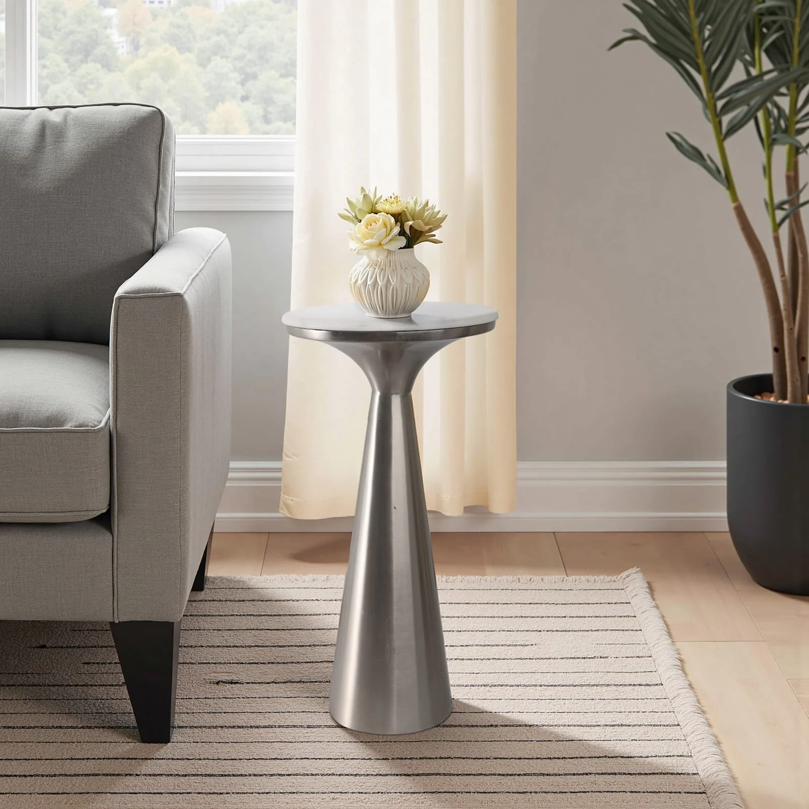 22x11"tapered Metal Base&mrble Drink Table,wht/slv - Image 10