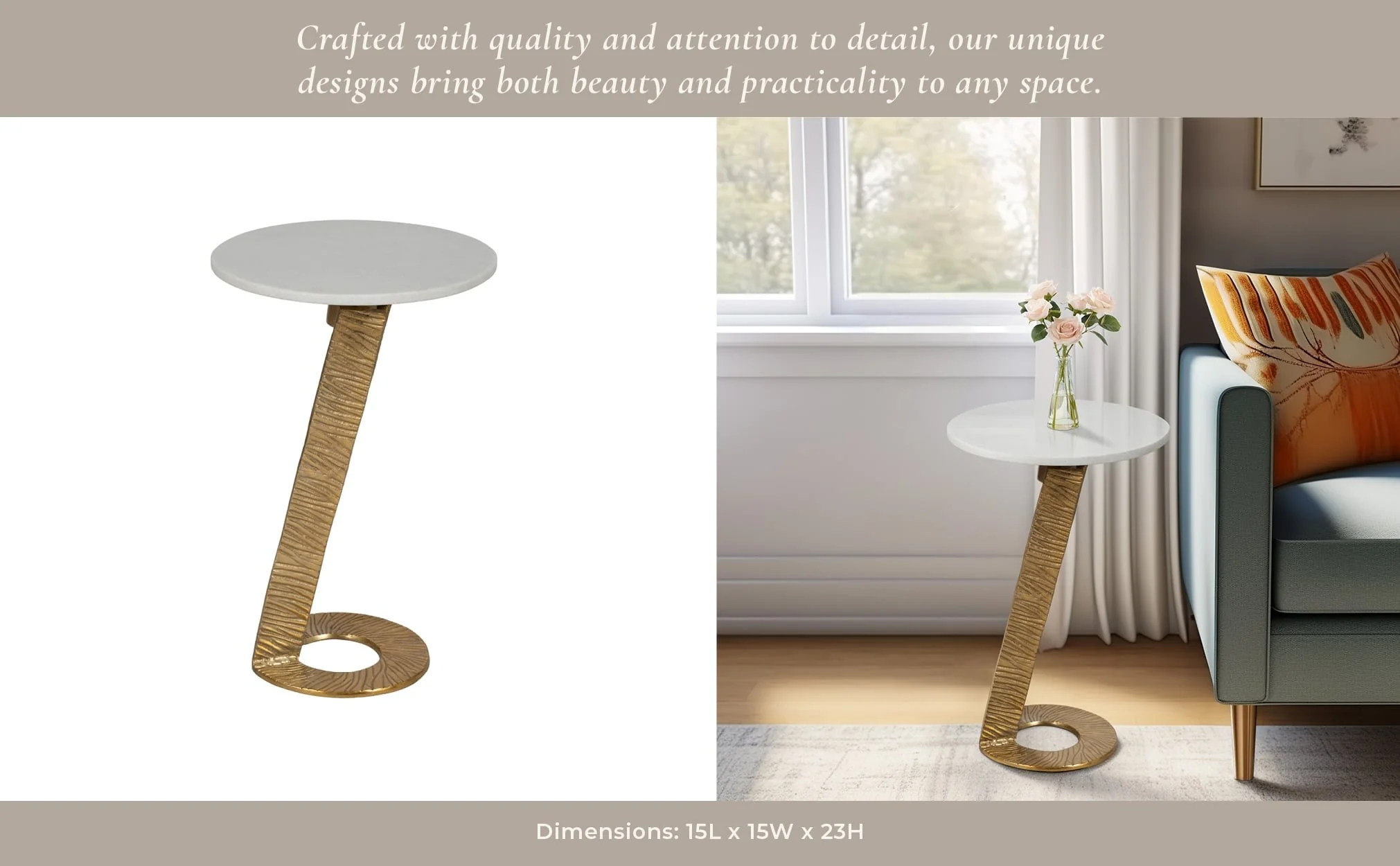 23"grooved Base Accent Table Marbletop,white/go Kd - Image 10