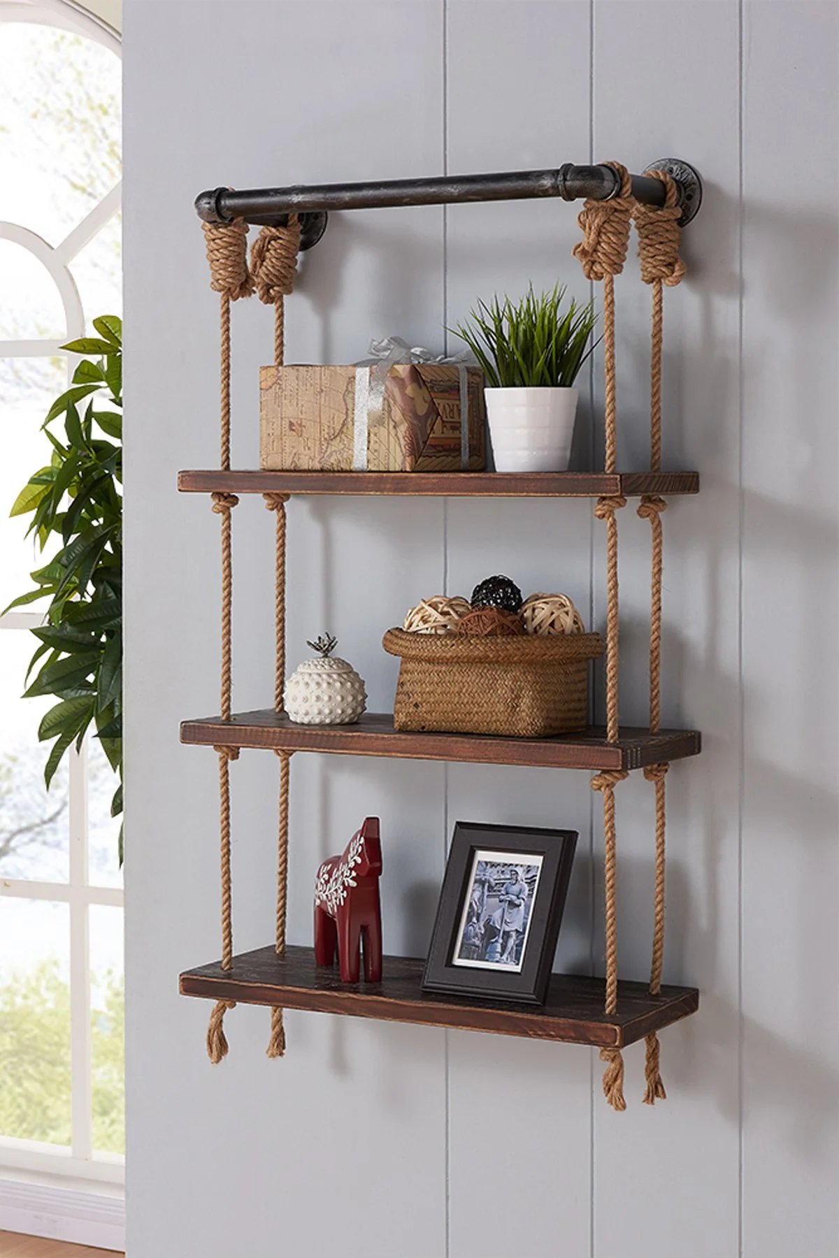 24" Brannon Modern Pine Wood Floating Wall Shelf in Gray and Walnut Finish - Image 3