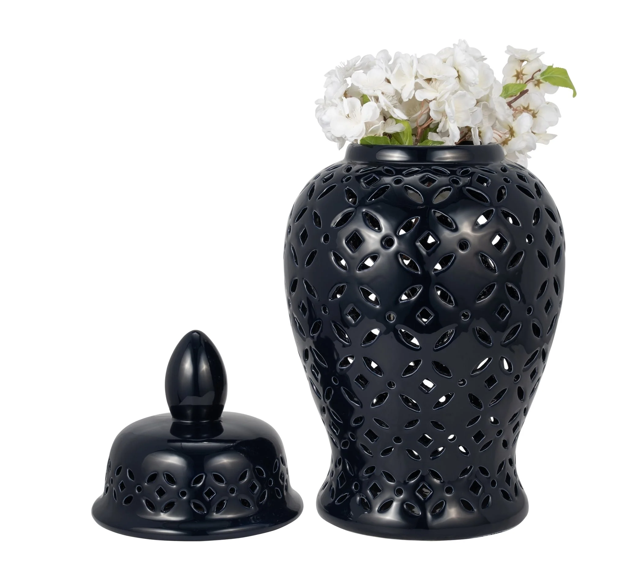 24" Cut-out Daisies Temple Jar, Navy Blue - Image 2