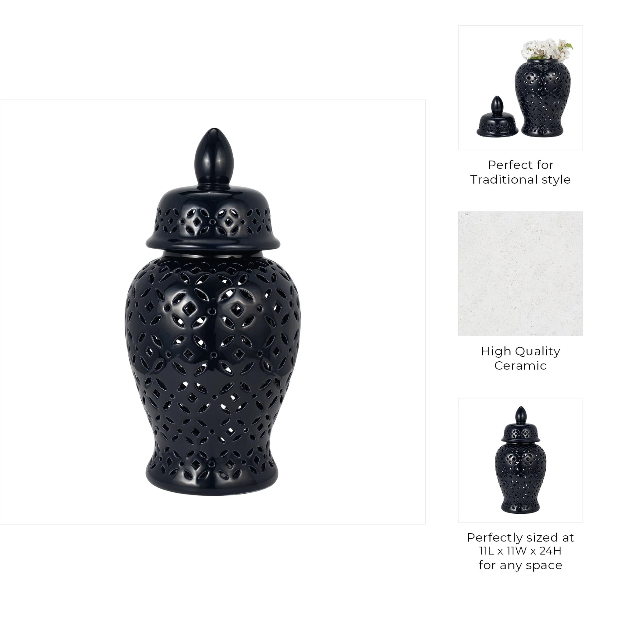 24" Cut-out Daisies Temple Jar, Navy Blue - Image 9