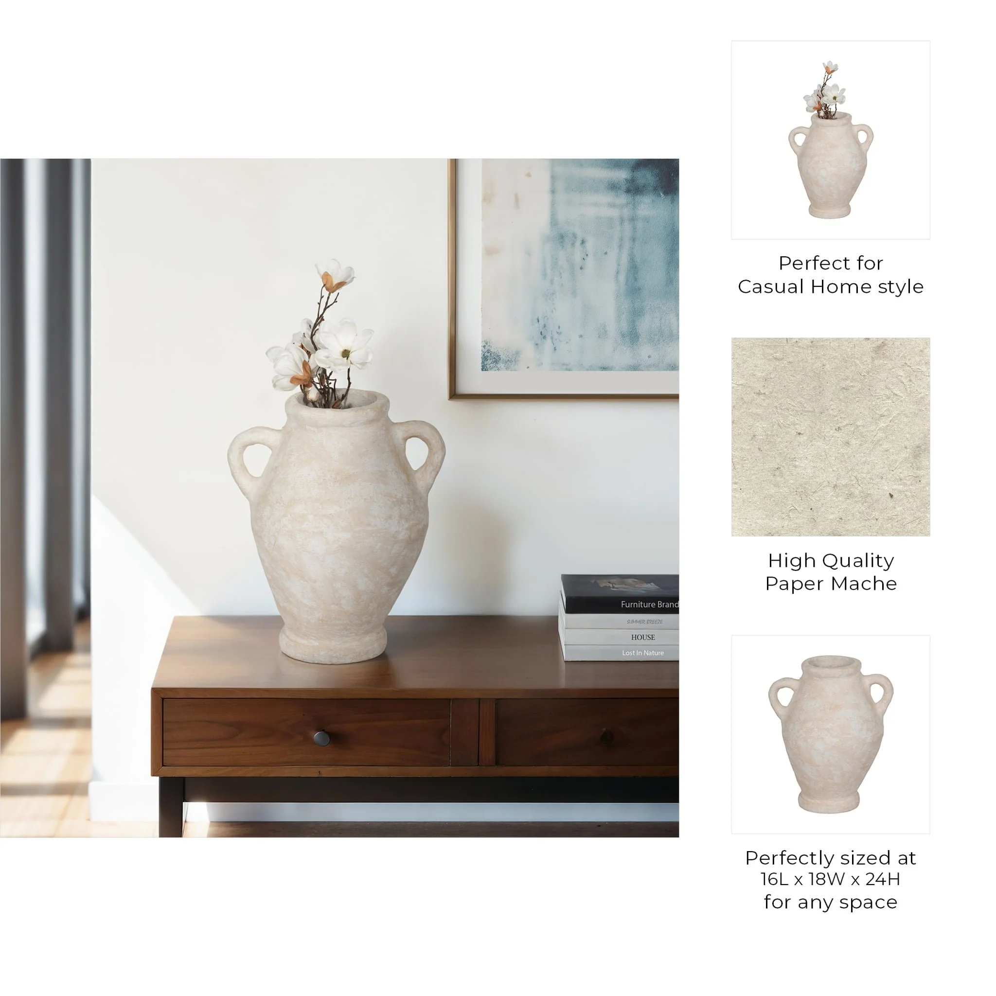 24" Paper Mache Jug With Handles, White - Image 8