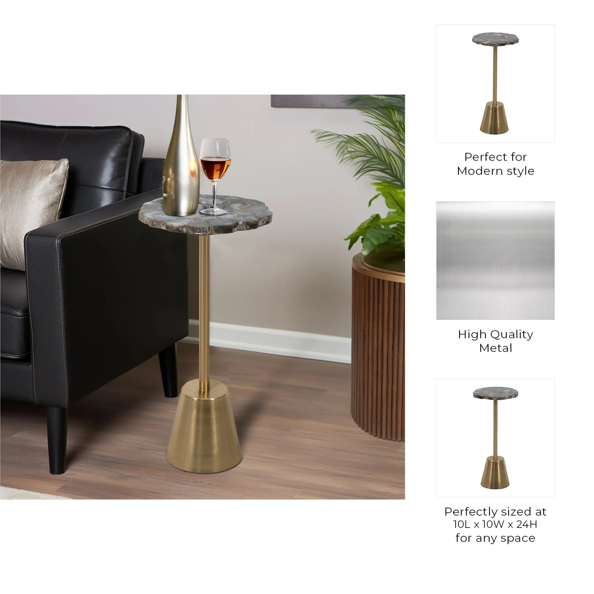 24" Rough Edge Agate Top Accent Table, Gold - Image 8