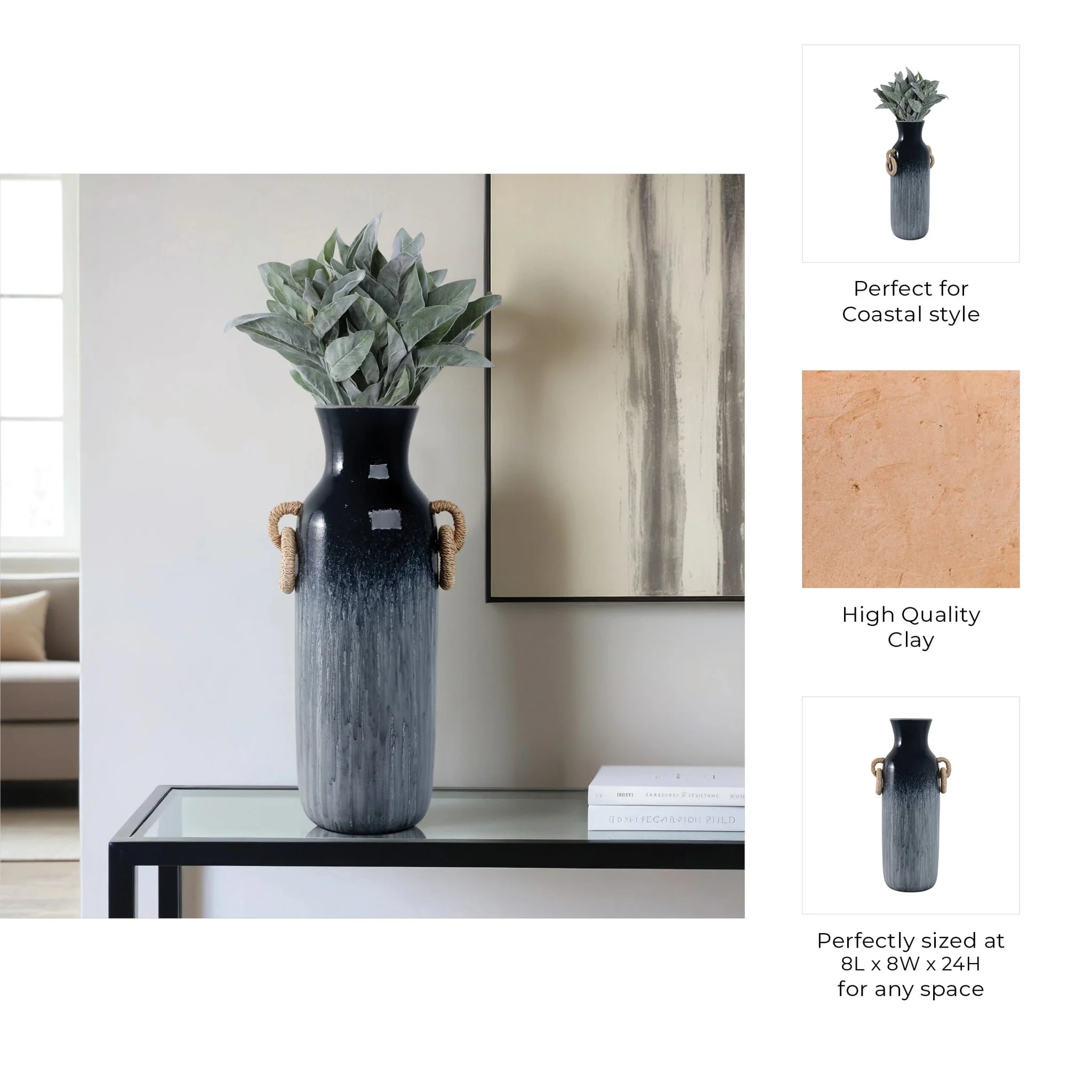 24" Vase With Rattan Handles Reactive Finish, Blue - Image 10