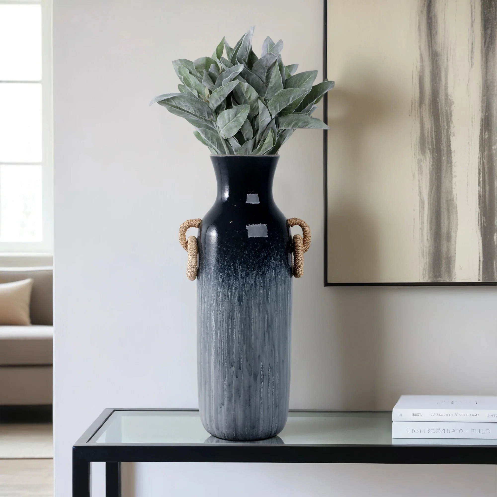 24" Vase With Rattan Handles Reactive Finish, Blue - Image 11