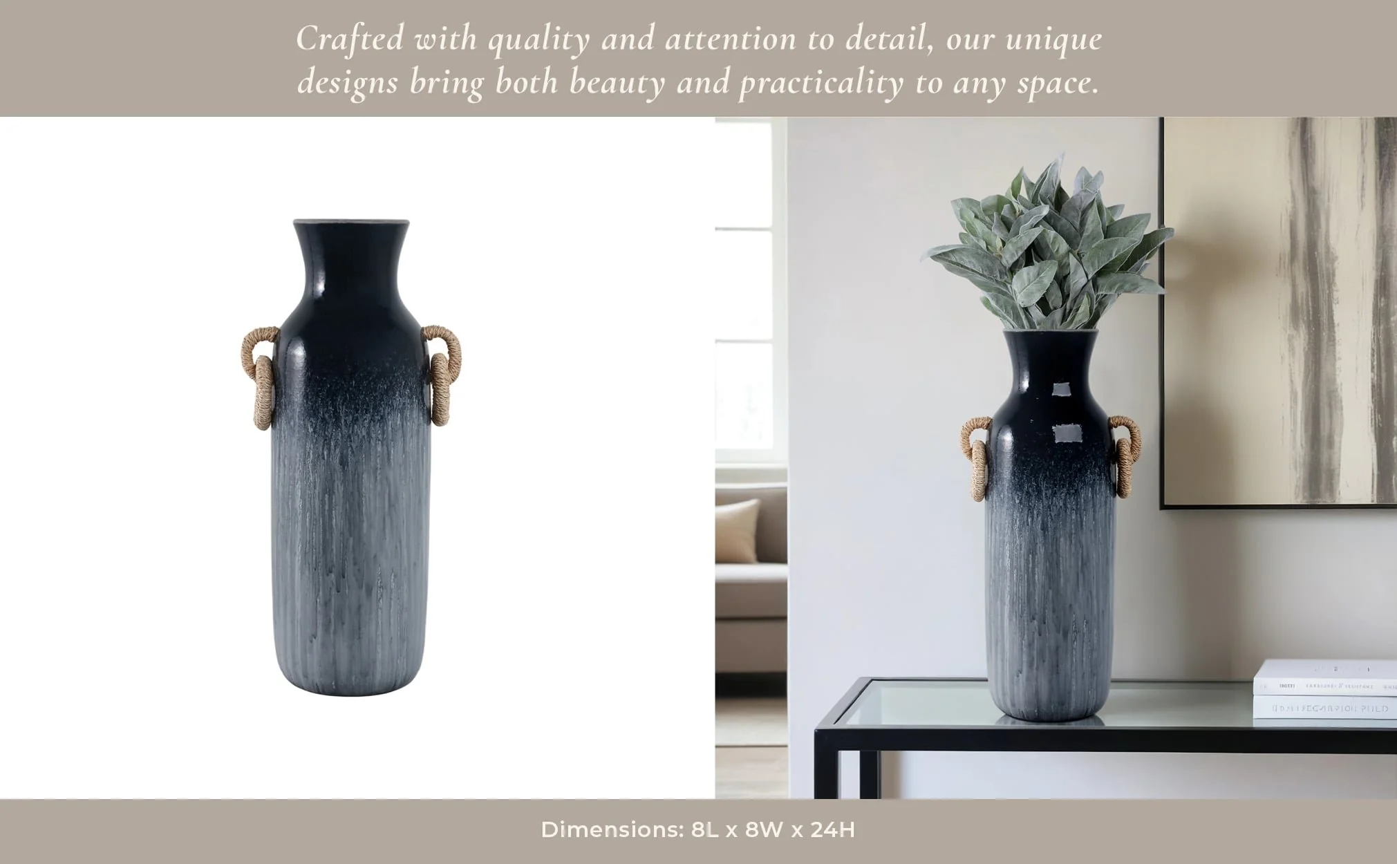 24" Vase With Rattan Handles Reactive Finish, Blue - Image 12