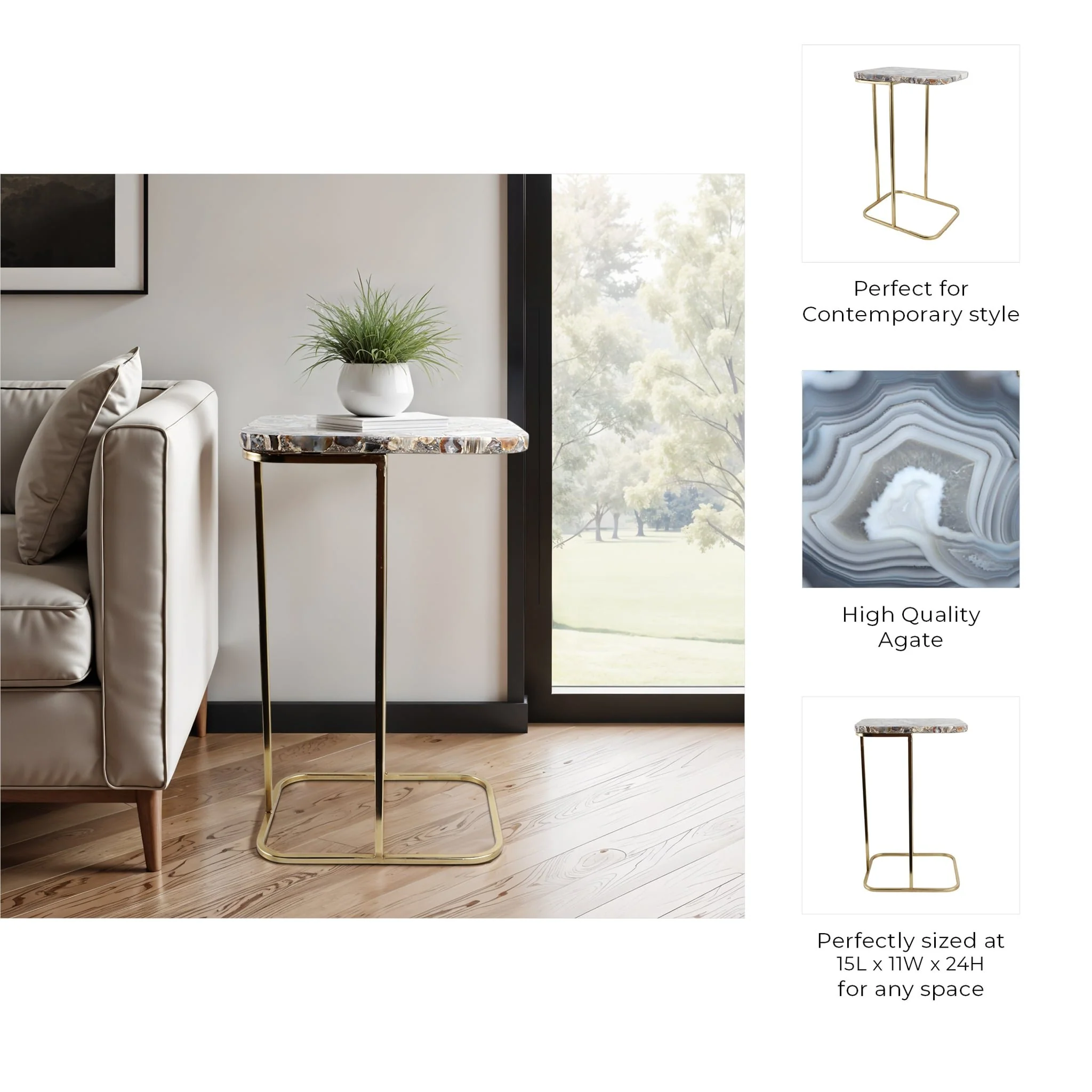 24x15" Agate Top C-table, Black/gold - Image 10