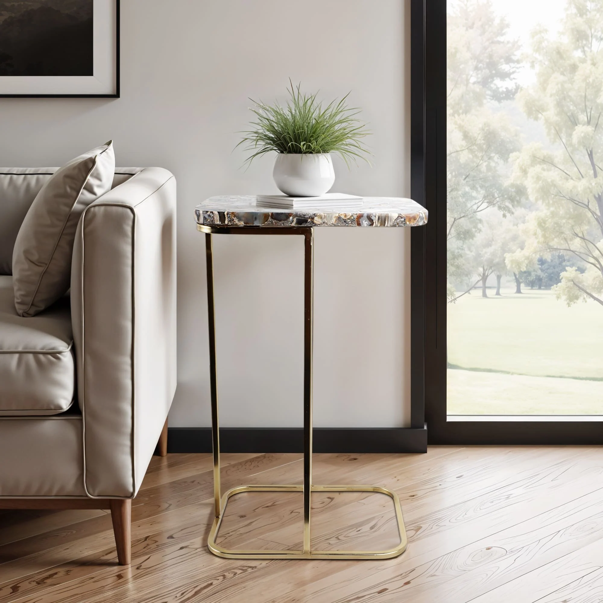 24x15" Agate Top C-table, Black/gold - Image 11