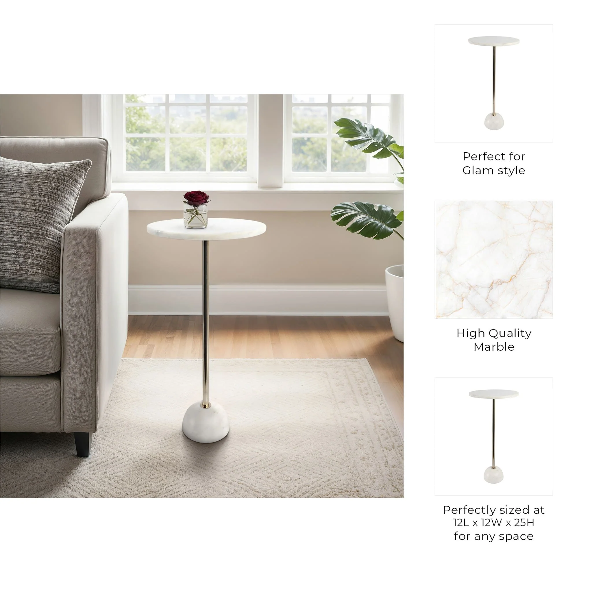 25x12 Marble Ball Base Accent Table, White/gold - Image 10