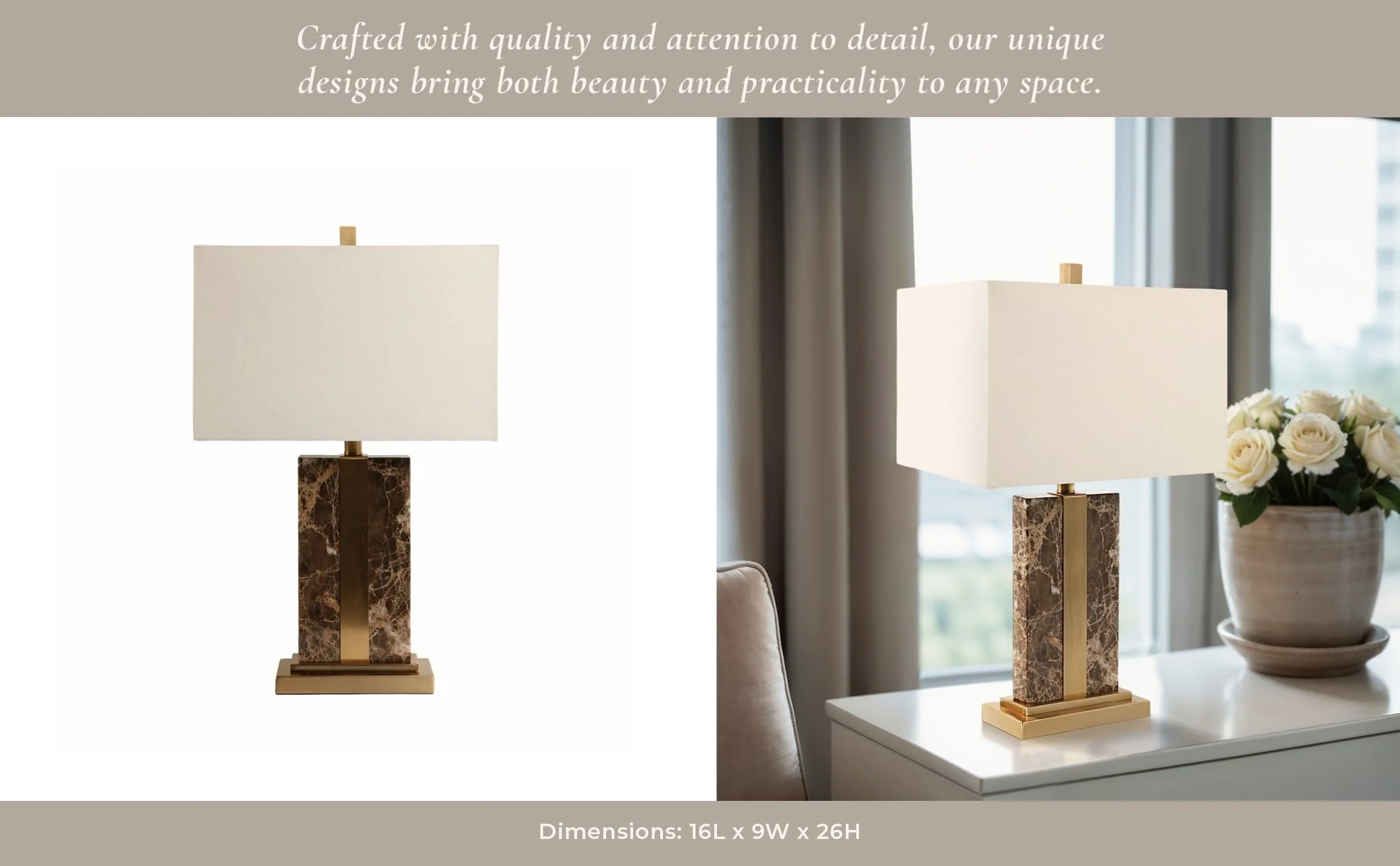 26x16" Rectangle Marble Lamp W/ Antique Brass, Bro - Image 10